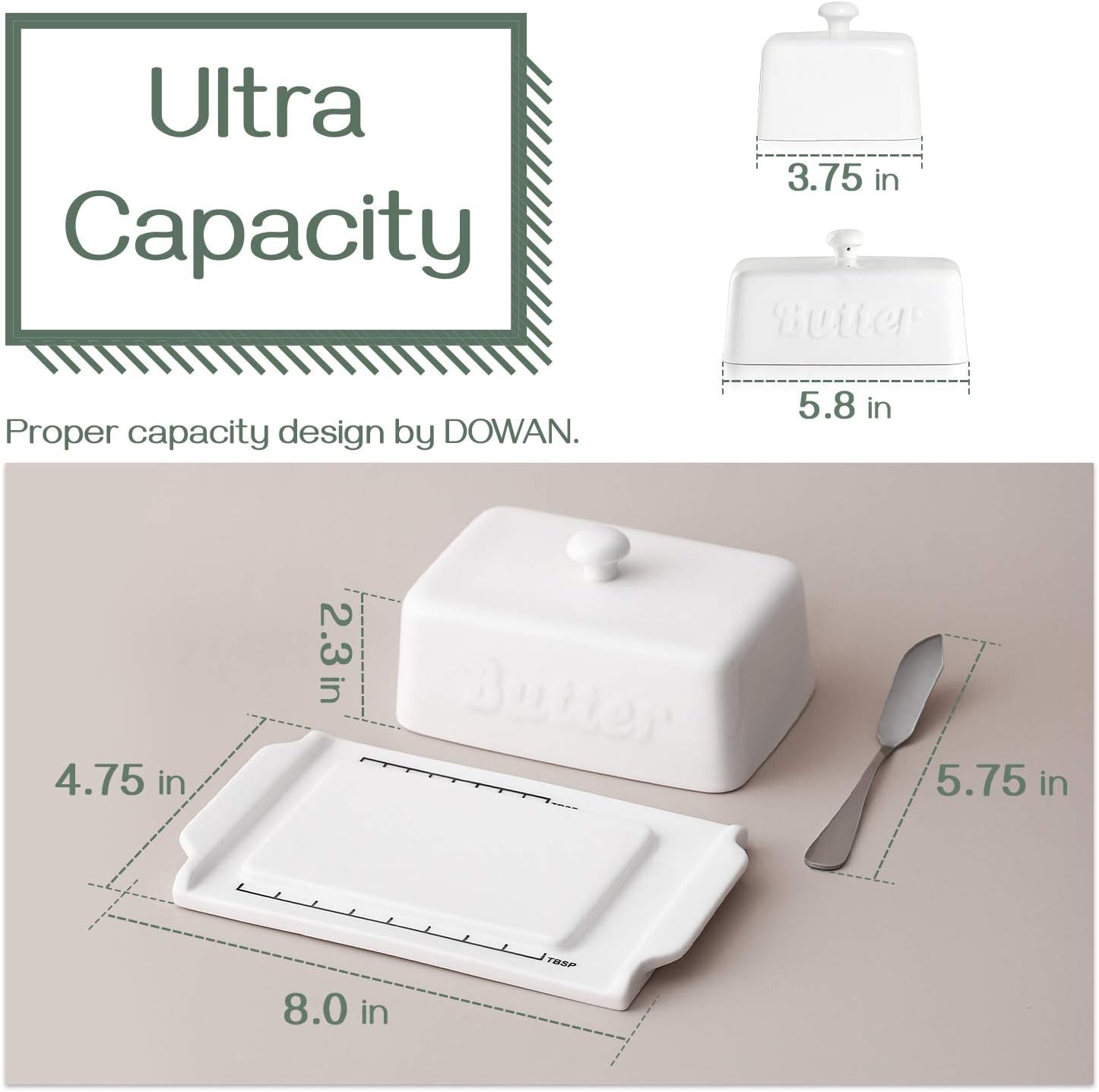 DOWAN Butter Dish with Steel Butter Knife, Porcelain Keeper with Lid, Perfect for Both East and