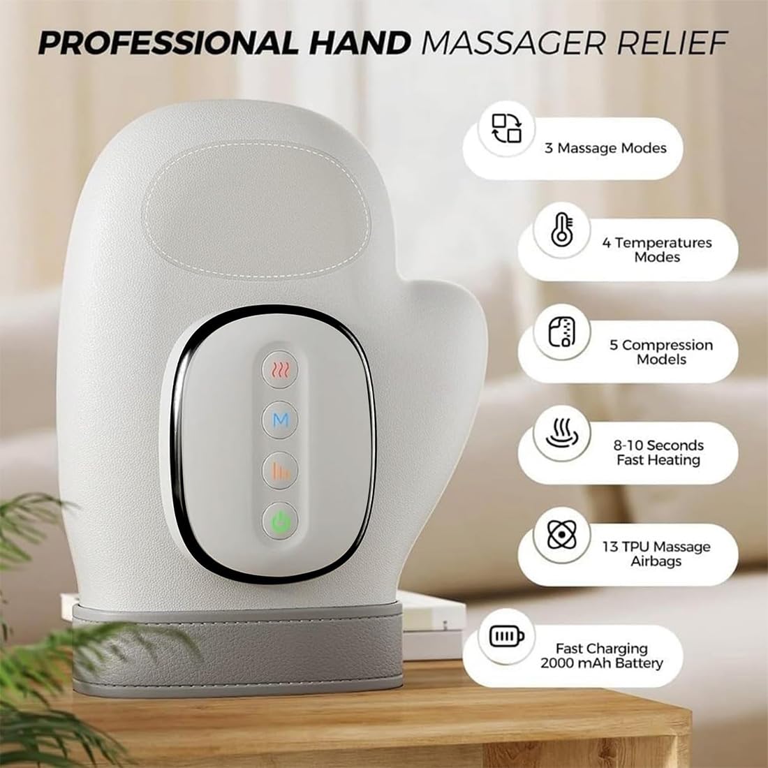 Handmassagegerät mit Wärme & Kompression, HandmassagegeräT Arthrose mit Thermotherapie, Tragbare Massage Hand Elektrisch 5 Intensitäten und 3 Modi für Frauen und Männer