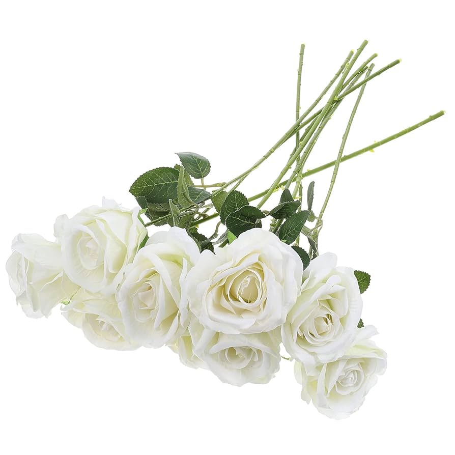 ホワイトバラの造花アレンジメント 大きめ Amazon｜9ピースの造花白バラの花のバラの花束の長い茎のための