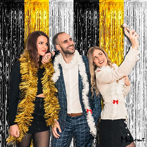 Image of 4 Pack 3.2Ft x 9.8Ft Black Gold Silver Fringe Curtain Backdrop, Metallic Tinsel Foil Fringe Streamers Curtains Background for Wedding Notorious One Birthday Roaring 20s Graduation Party Decoration