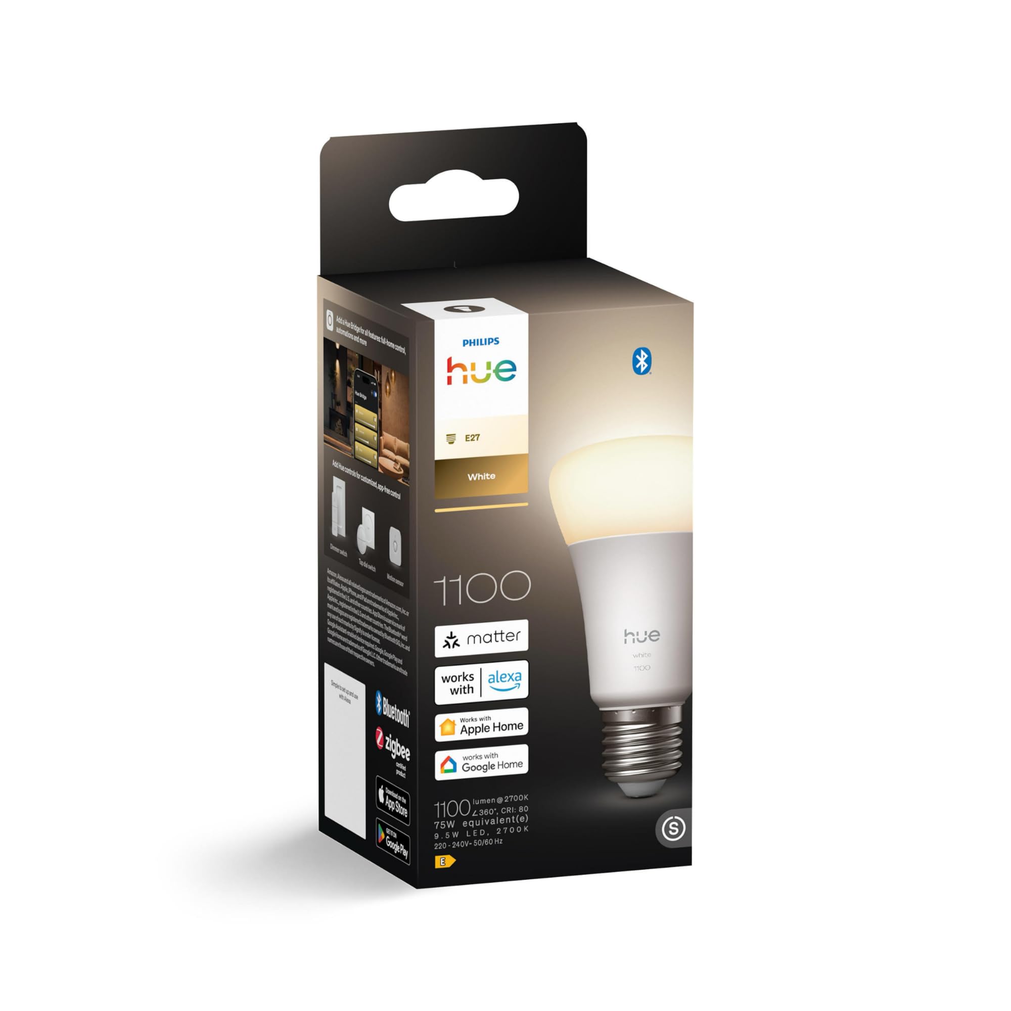 Philips Hue Starterpaket - E27 - mit 4 Standard Lampen - Warmweißes Licht - inkl. 1 Hue Bridge, 1 Hue Dimmschalter - Hue White