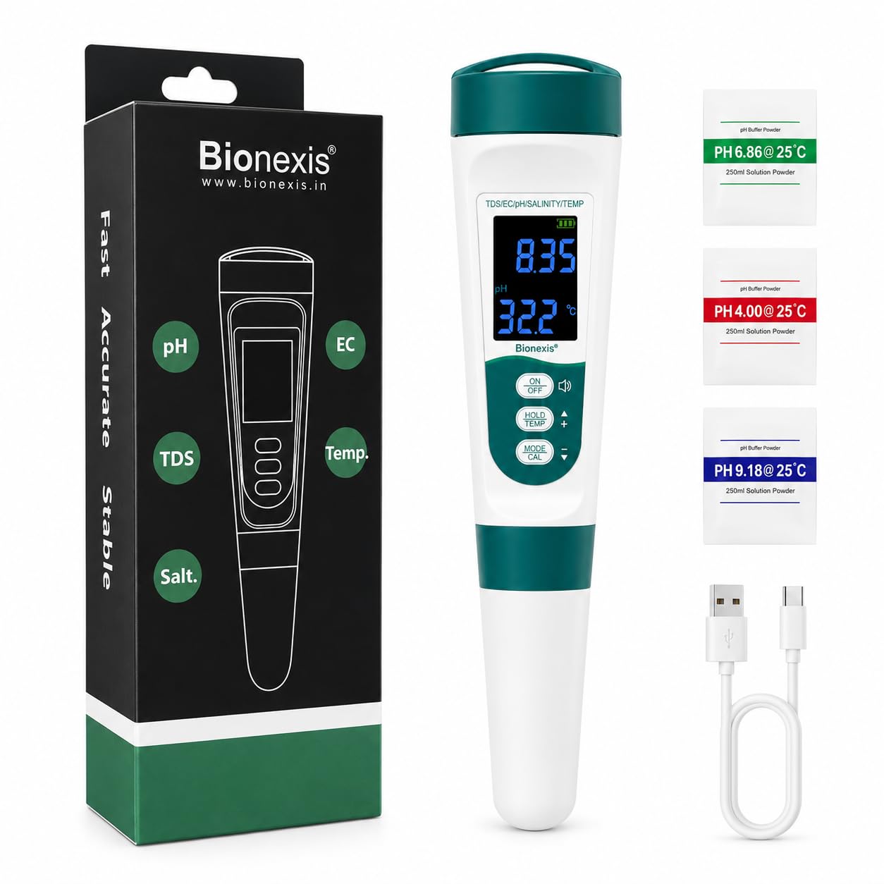 Bionexis® Digital pH Meter – 5-in-1 Water Quality Tester | Measures pH, TDS, EC, Salinity & Temperature | Waterproof, ATC, LCD Display for Pool, Home, Hydroponics, Aquarium, Lab Use-image-10
