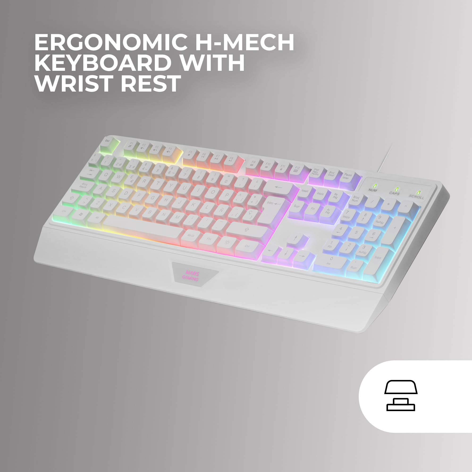 Mars Gaming MCP124WFR, Disposition Française, Combo Gaming 3en1, Clavier Ergonomique H-Mech LED RGB, Souris RGB 3200DPI Switches HUANO, Tapis Nanotextile 360x260mm, Multiplateforme, Blanc