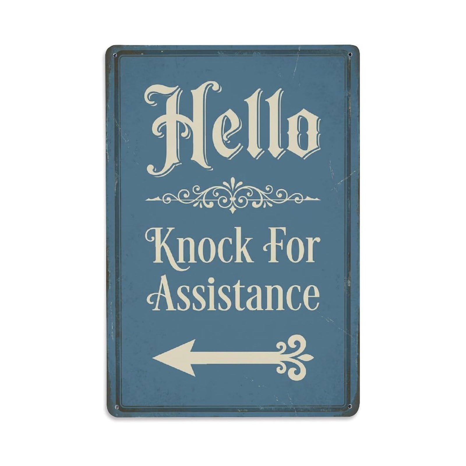 Vintage Hello Knock For Assistance Arrow Ornate Metal Tin Sign