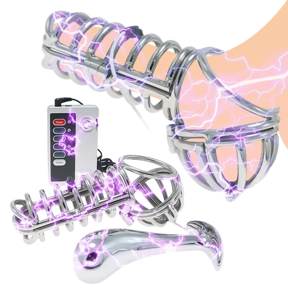 Kuaecr Elektro Schock Edelstahl Analplug Peniskäfig Keuschheitskäfig Set Mit Cock Cage Ringe Anal Dilatator Keuschheitsgürtel Elektrostimulation Gerät SM Estim Extrem Sexspielzeug FüR Männer (L)