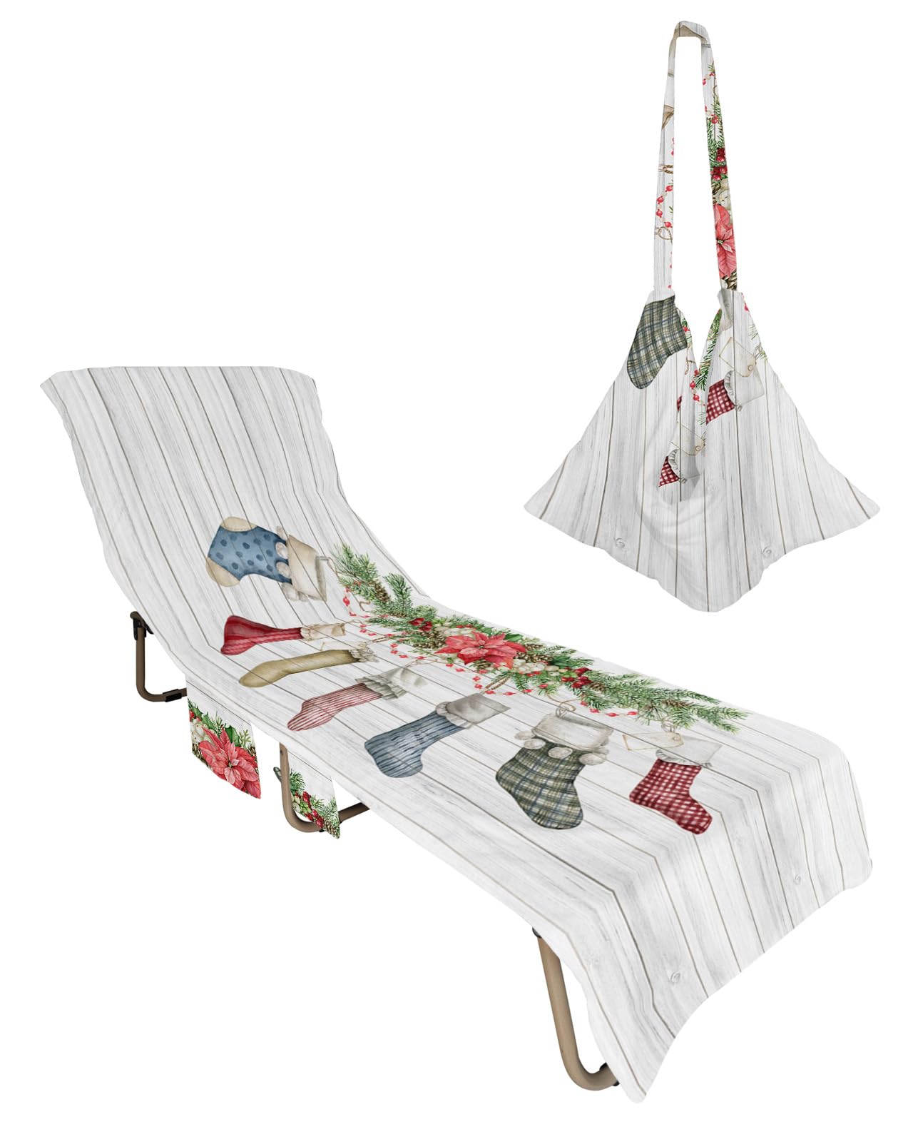 Christmas Stockings Beach Chair Towel Covers for Chaise Lounge with Side Pocket, Soft Plush Pool Towels Cover for Patio Sunbathing Outdoor 29''x85'' Country Vintage Wood Pine