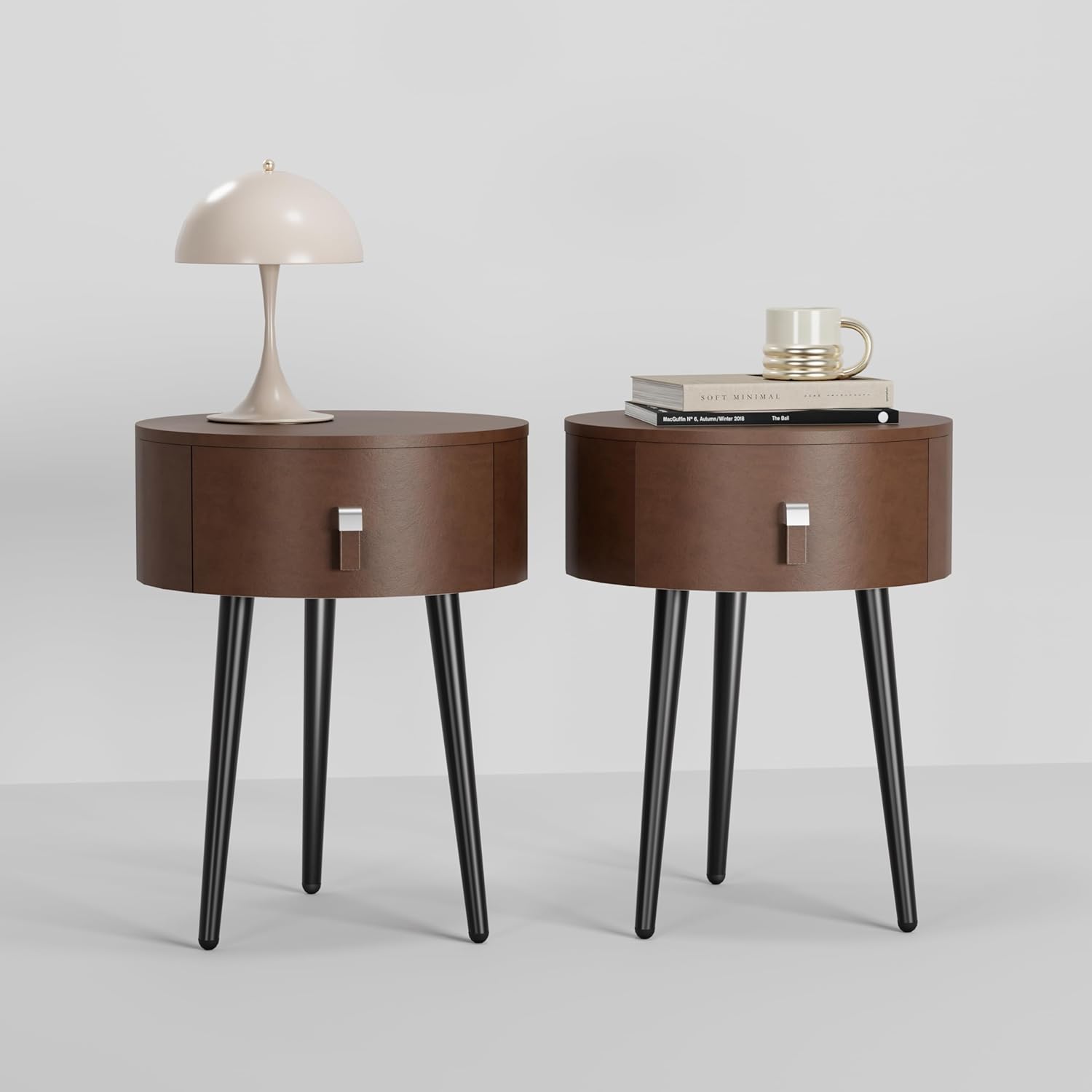 Round Nightstand Set of 2 with Single Drawer,Modern Bedside Table with Metal Legs for Bedroom,Leather Side Table,Small Accent End Table for Living Room,Brown