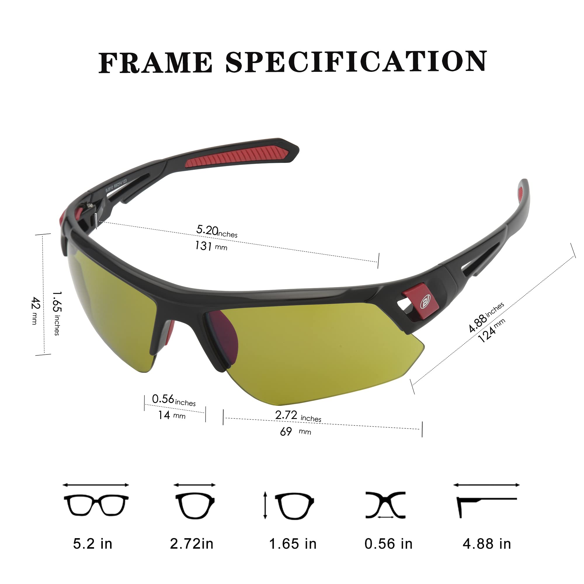 Gafas de sol de golf para hombres y mujeres, gafas de sol deportivas sin montura con protección UV400, Bj810 Marco negro y lente verde, conventional