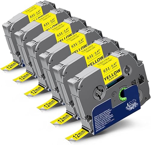 Miniatura 1 de Topcolor Paquete de 6 cintas Tz631 Tz de 0.472 in 0.47 laminadas amarillas compatibles con Brother Tze-631 Tze631 TZ-631 Negro sobre amarillo P