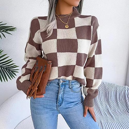 Women's Color Block Checkered Crew Neck Long Sleeve Y2K Plaid Knitted Pullover Sweater Tops Vintage Preppy Style Knitwear (Coffee,L) — view 2