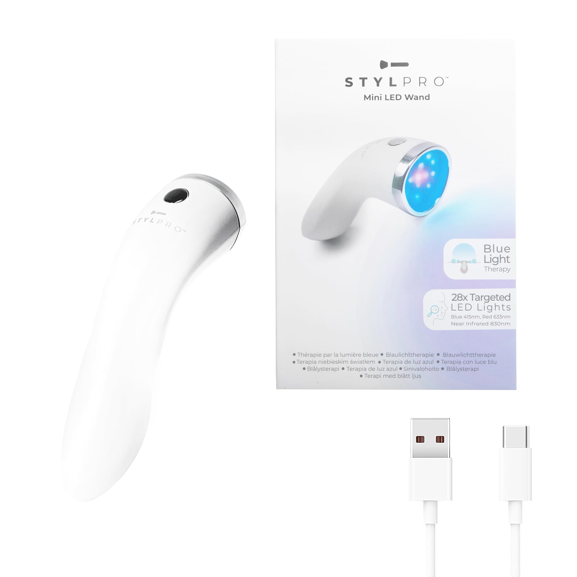 STYLPRO Mini varita mágica LED – Terapia de luz azul para acné y piel, ayuda con imperfecciones, espinillas, inflamación, enrojecimiento, 3 modos, 28 x LED de alta potencia, azul, rojo, NIR