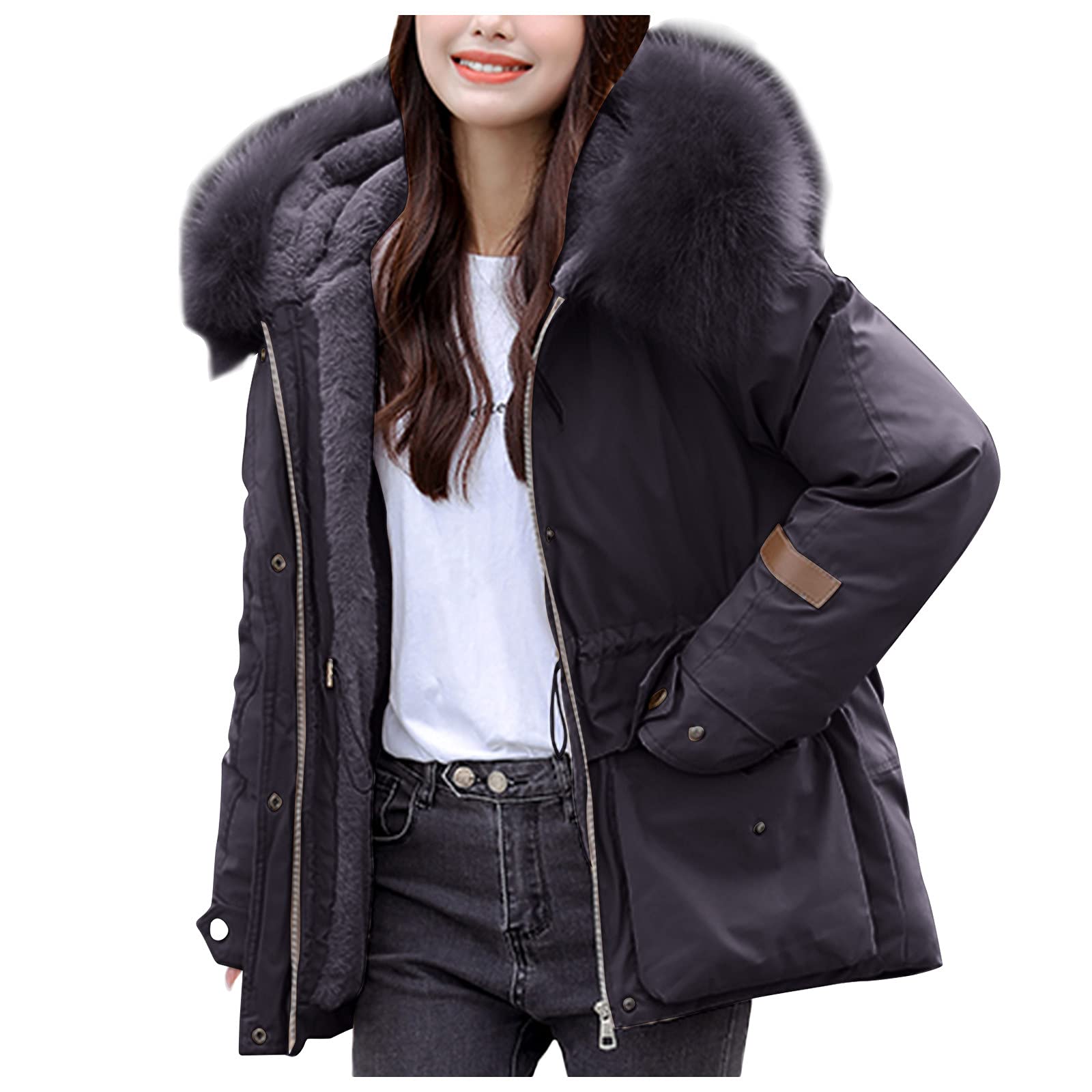 Chaqueta de invierno para mujer, moderna, cálida, acolchada, cortavientos, de piel sintética, parka con capucha, bolsillo corto, parka para exteriores, cortavientos, M - XXL