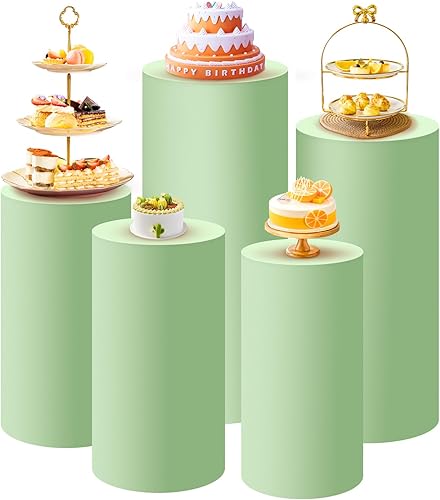 Miniatura 8 de Juego de 5 fundas de pedestal de cilindro doradas, cubiertas flexibles para soporte de cilindro para decoración de fiestas, bodas o eventos de