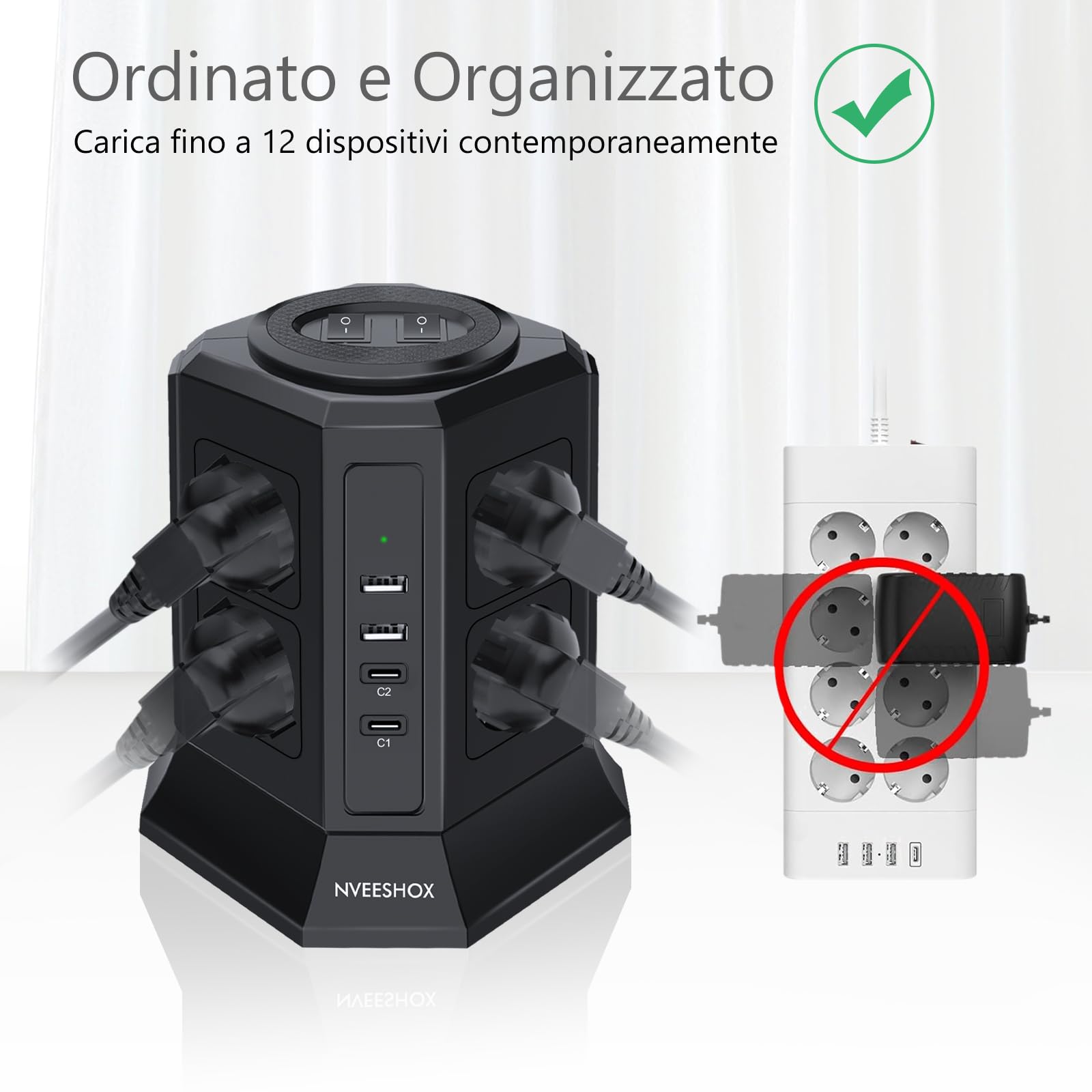 NVEESHOX Mehrfachsteckdose mit 8 Universalsteckdosen Schuko(4000W 10/16A) & 2 USB-C (20W PD3.0) & 2 USB-A, IT Mehrfachsteckdose vertikal mit Schalter mit Schalter, Kabel 2 m (schwarz)
