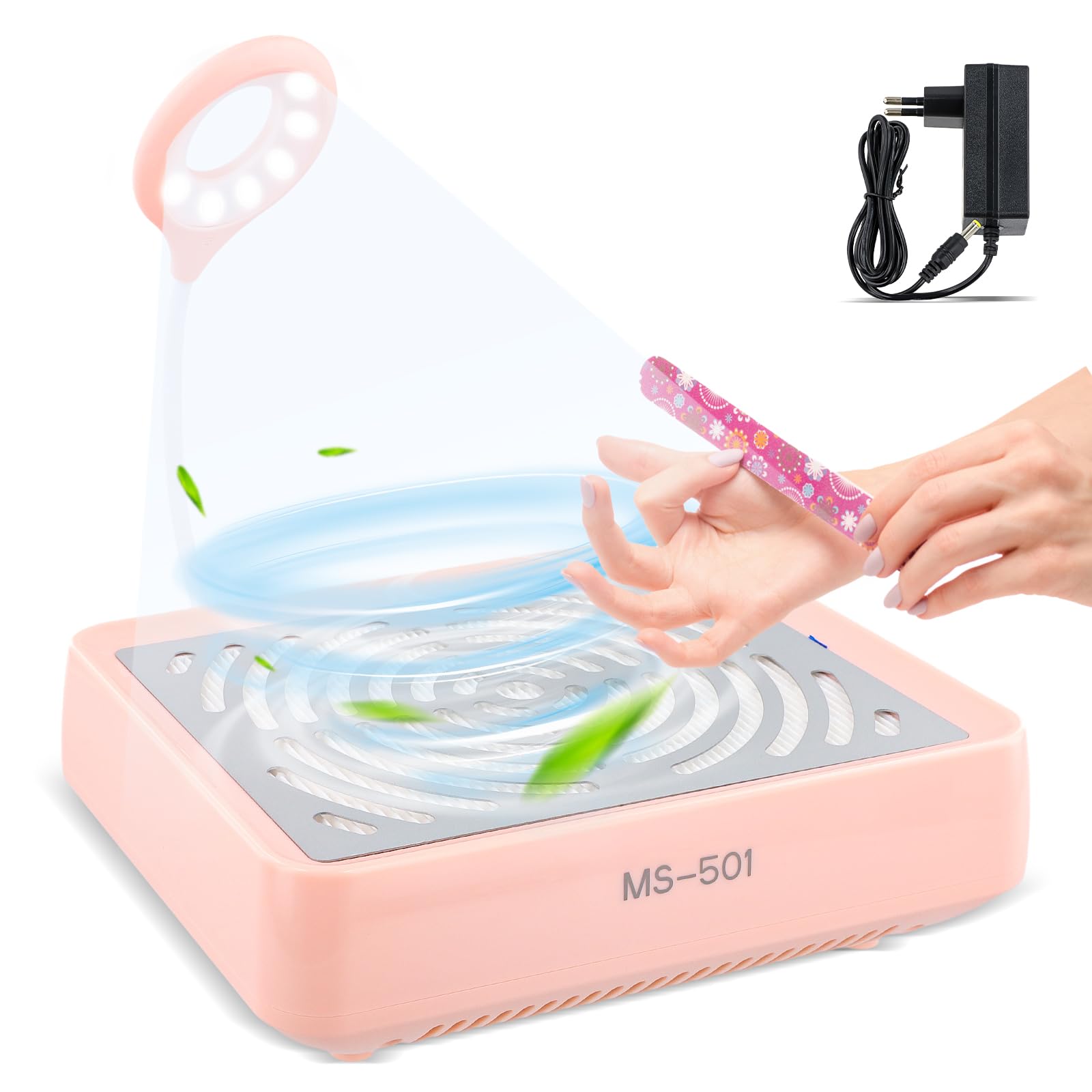 Aspirateur Ongle, Aspirateur Manucure avec Lumière USB, Collecteur de Poussière à Ongles, Professionnelle Onglerie Aspirateur à Faible Bruit pour Salon de Manucure à Domicile