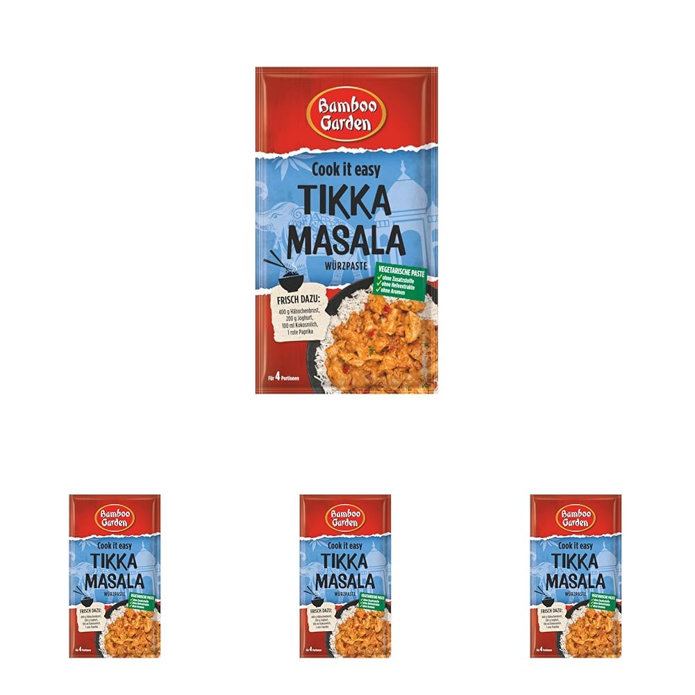 Bamboo Garden - Tikka Masala Würzpaste | Zum Würzen von Tikka Masala Marinade | Für 4 Portionen | Vegetarisch, natürliche Zutaten | 45 g im Beutel (Packung mit 4)