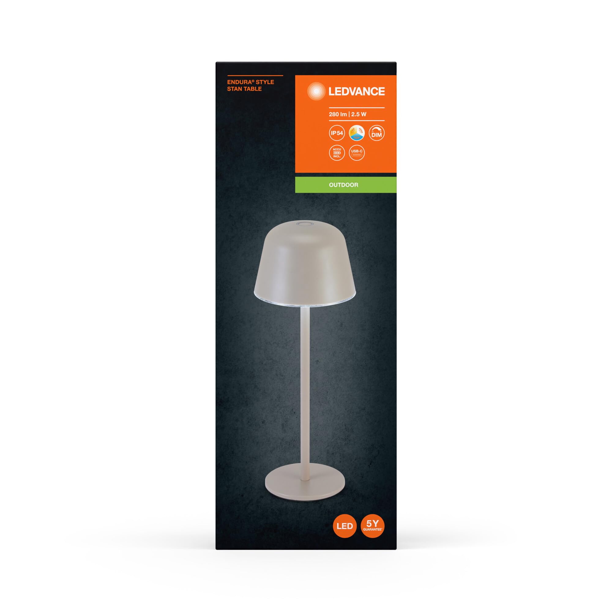 LEDVANCE Iluminación exterior ENDURA STYLE TABLE, 2,5W, 200lm, beige, lámpara de mesa, batería recargable, tipo de protección IP54, regulación progresiva, función de memoria de luminosidad