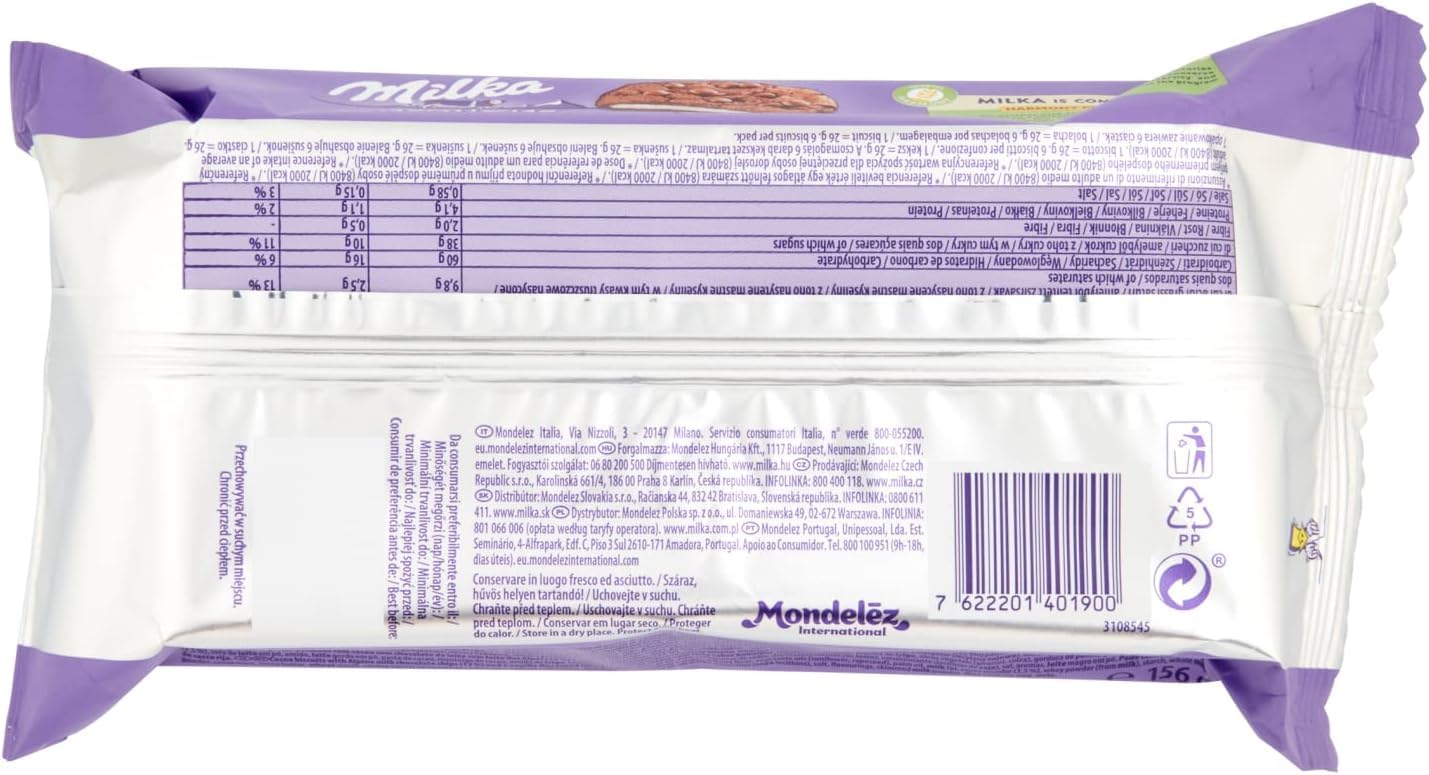 5X Milka Sensations Cookies Oreo Biscotti al Cacao con Cioccolato al Latte delle Alpi e Ripieno di Crema al gusto Vaniglia 156g [5 Confezione]