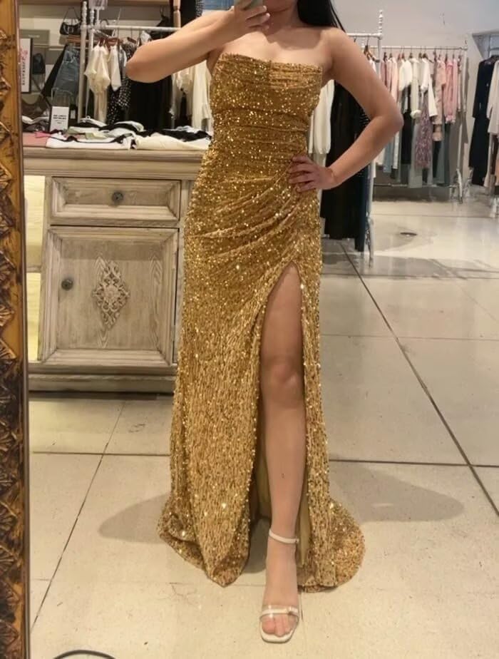 Sparkly Sequin Prom Dress Strapless Glitter Prom Dresses Long Foraml Party Evening Gowns with Slit4