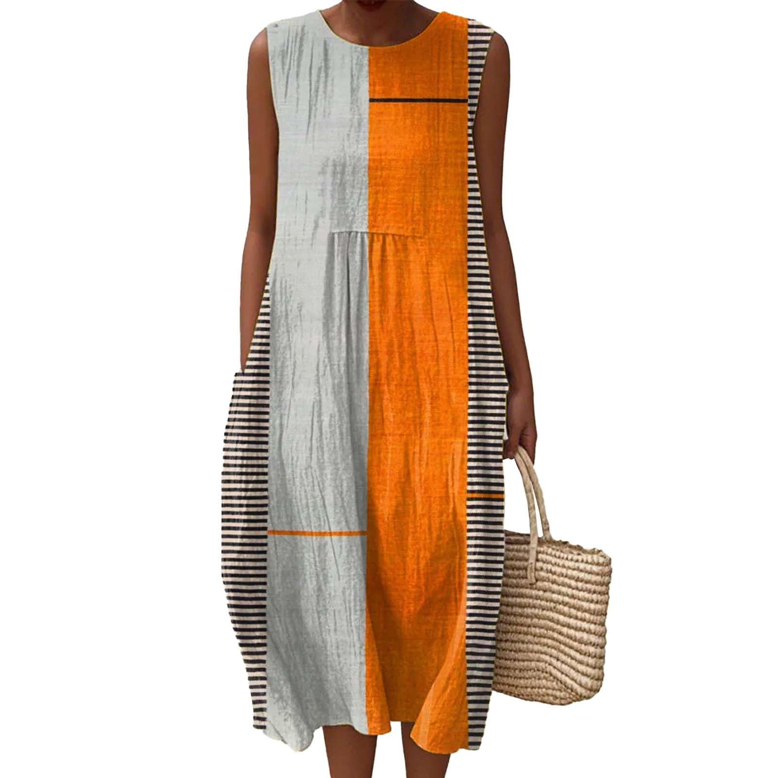 Vestido Mujer Estivo Boho Chic - Abito sin Mangas Largo de Lino Estampado y Bolsillos, Suave Vestido Primavera de Mezcla, Maxi Talla Grande Elegante para Vacaciones Playa 2026