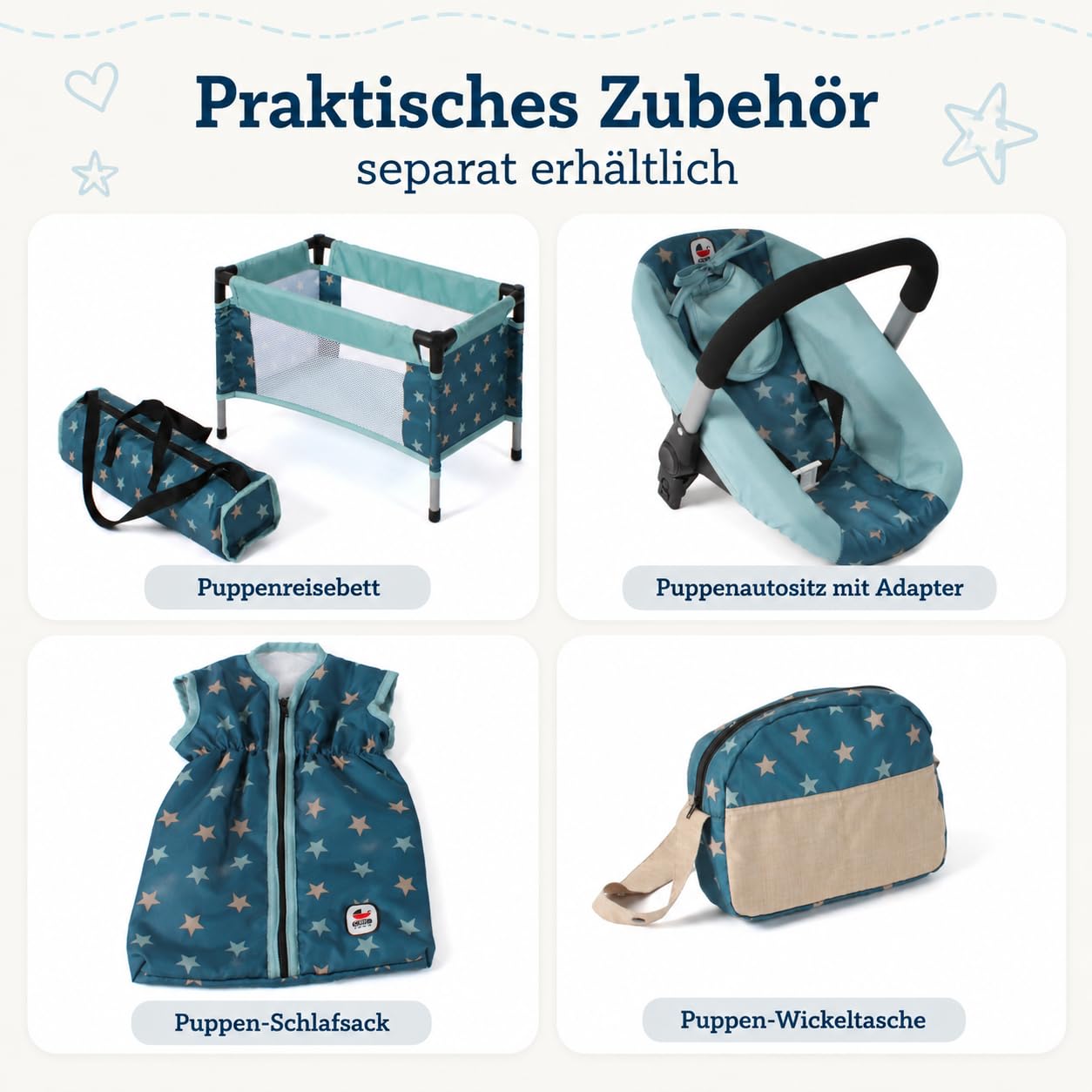 Bayer Chic 2000® Poussette pour poupée Mika 2 en 1 - Étoiles Beige-Turquoise - Pliable - Poignée réglable en Hauteur 47-80 cm - Cadre Moderne - Poupées jusqu'à 52 cm - 4-8 Ans