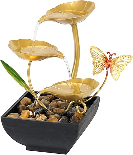 Fuentes de mesa para interiores, fuente de relajación de hojas de loto, fuente de decoración de cascada de mesa, incluye muchas rocas naturales de