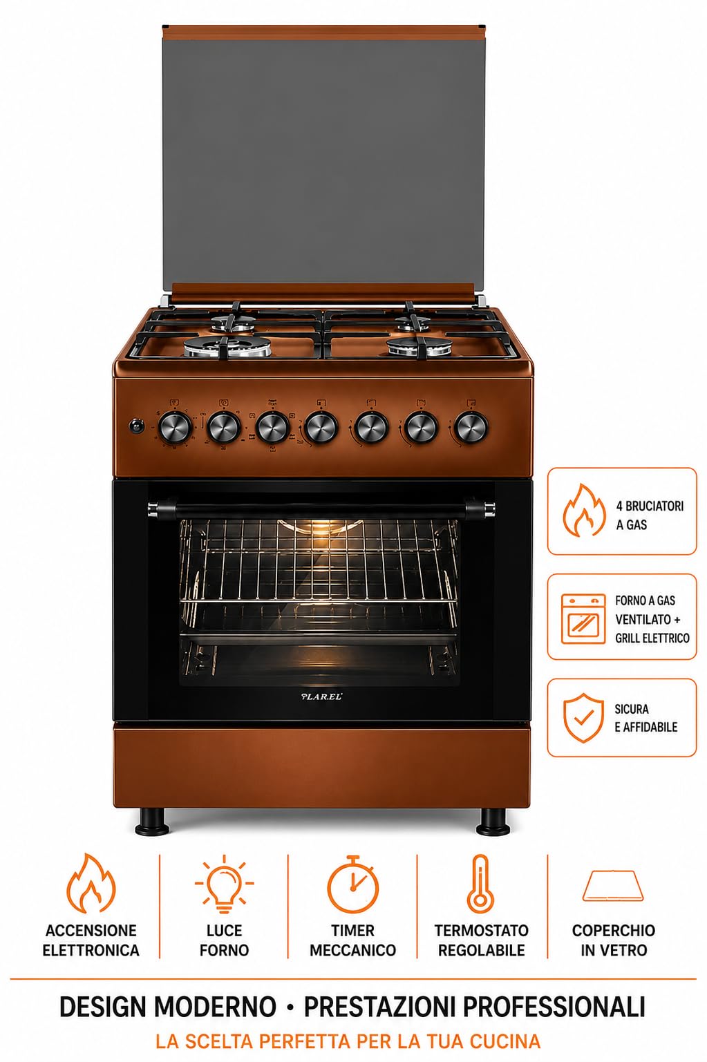 Lar.el Cucina a Gas 60x60 cm Forno Elettrico con Grill Marrone Coperchio in Vetro Temperato Accensione Elettronica Tripla Corona 4 Fuochi a Gas GPL/Metano Acciaio Inossidabile CUC.60EM