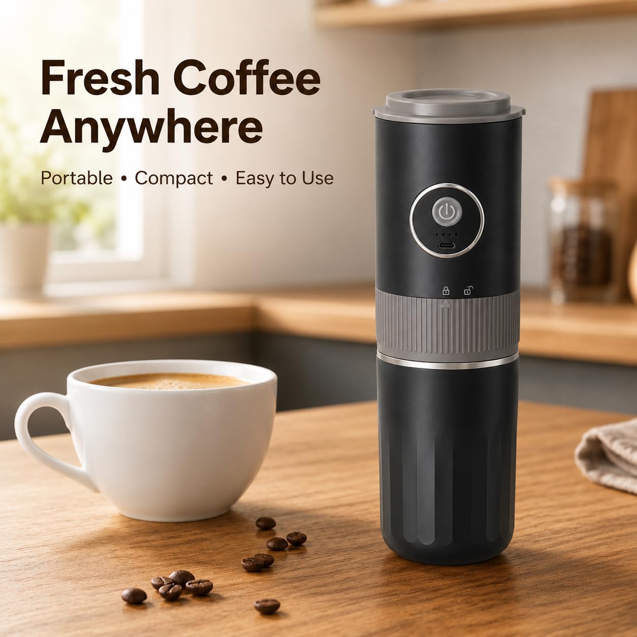 Molinillo de café eléctrico portátil 2 en 1 y kit de cafetera con batería recargable, incluye taza de viaje de acero inoxidable, para camping, viajes, oficina, uso doméstico (negro)