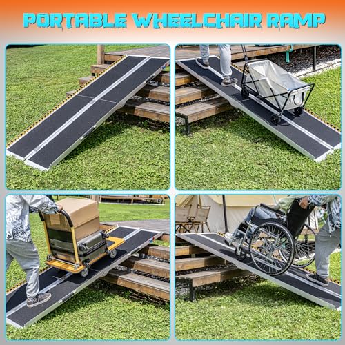 Image of WHALEMOTOR Portable Wheelchair Ramp 8FT, Anti-Slip Aluminum Folding Portable Ramp, Wheelchair Ramps for Home, Weight Capacity Up to 800 LBS, with Transition Plates Above and Below, Loading Dock Plates