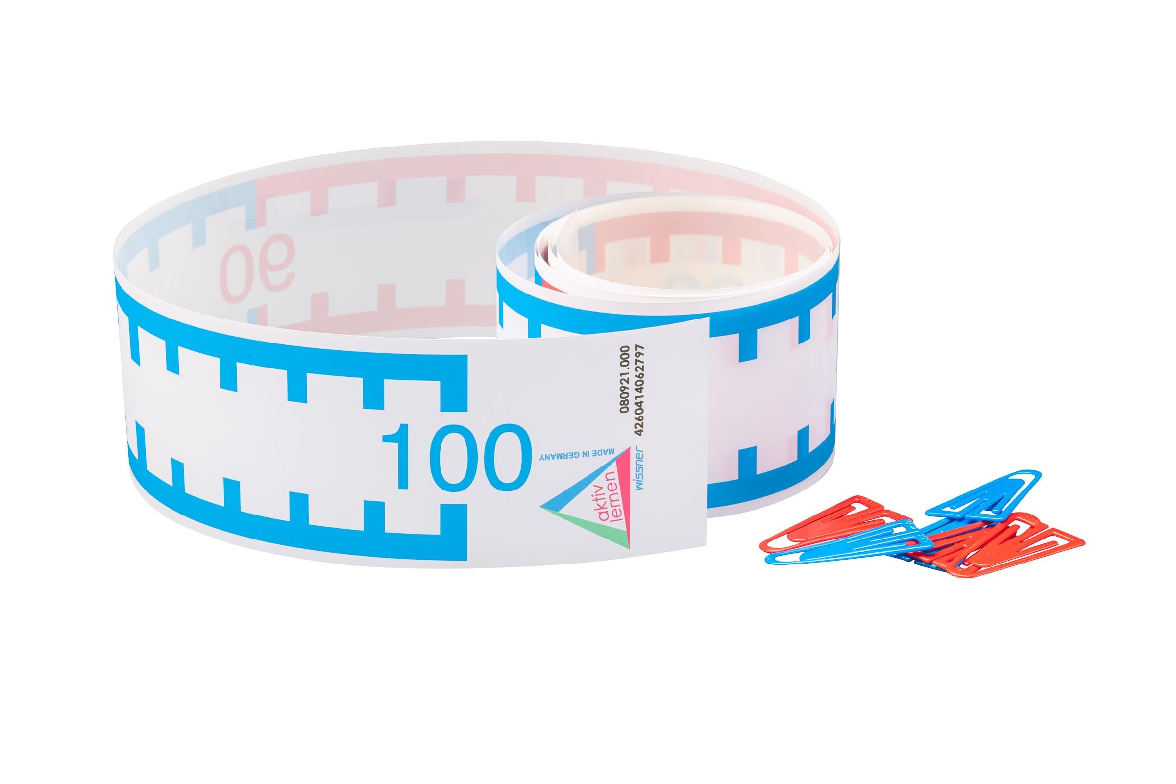 WISSNER® Großes Zahlenstrahl-Rechenband 0–100 – 3 m lang, 9 cm breit, flexibel aus RE-Plastic, nachhaltig, mit Klammern und Befestigungspunkten, für Schule und Grundschule