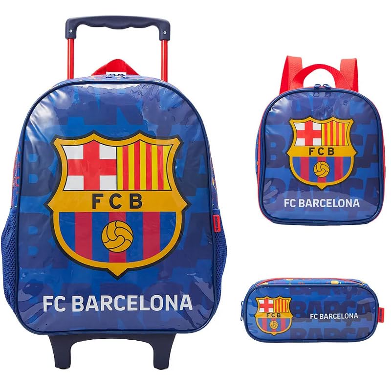 Kit mochila carrinho infantil 16', lancheira térmica e estojo escolar Barcelona X