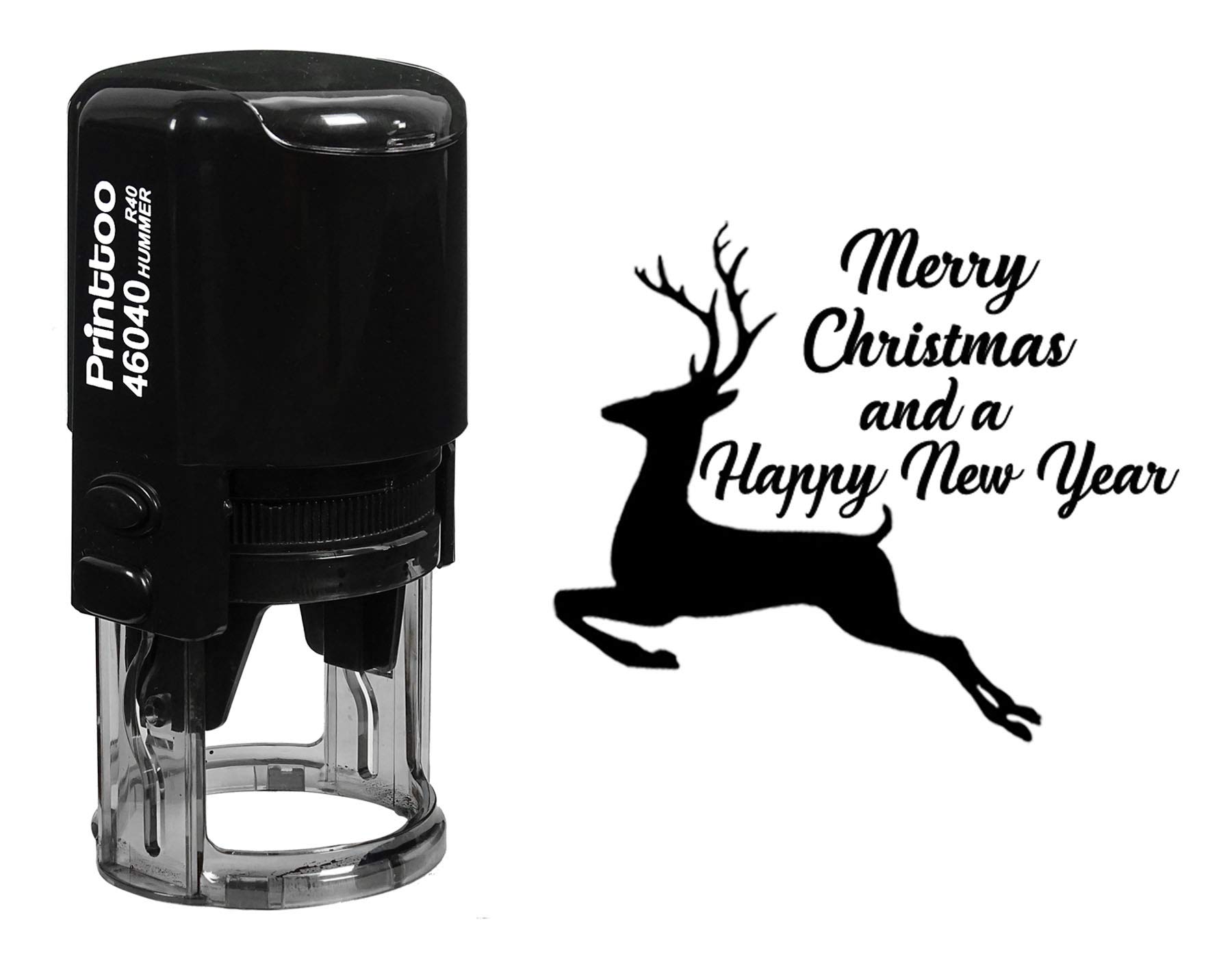 Printtoo Round Self Inking Merry Christmas and Happy New Year Rubber Stamp Reindeer Holiday Stamper-Black