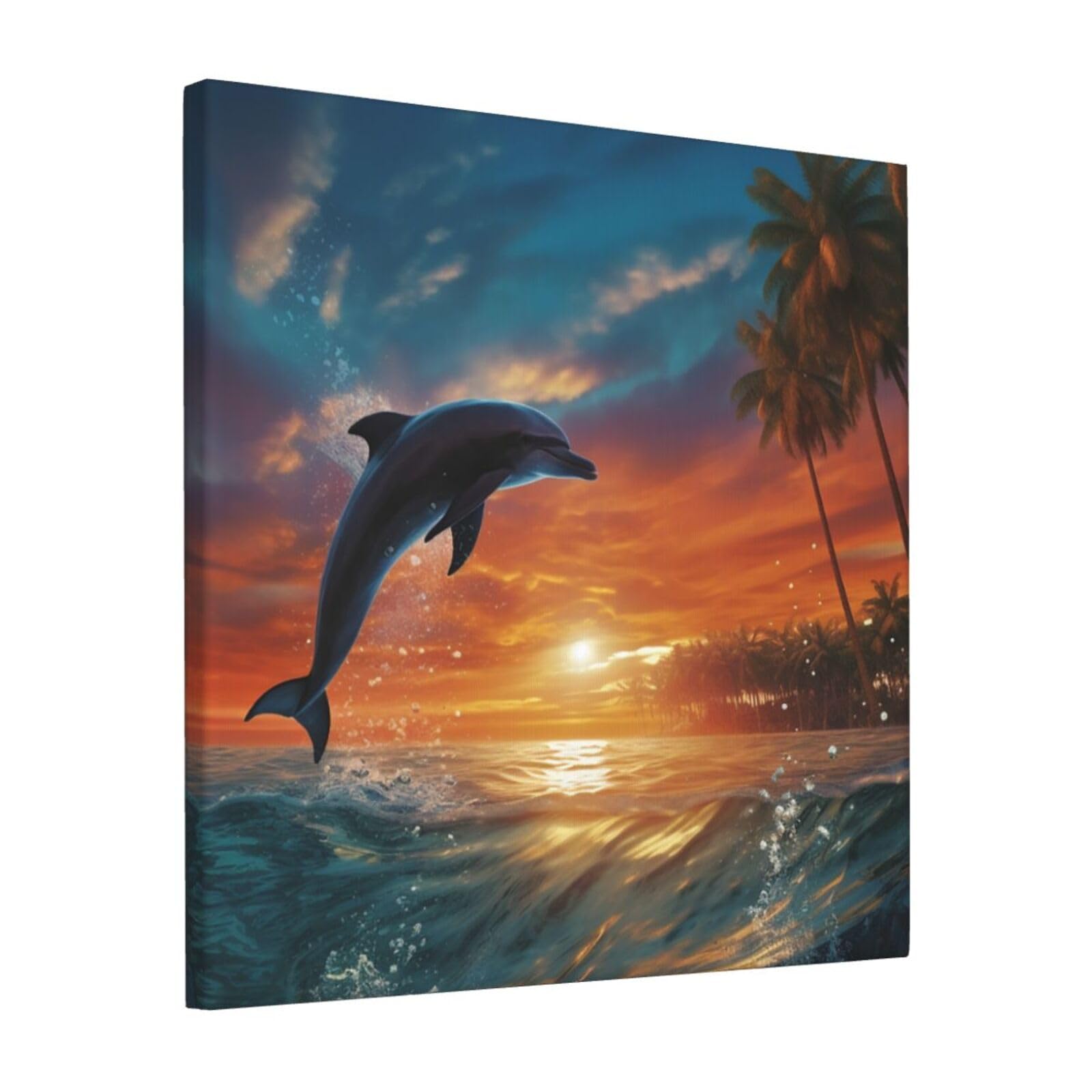 KLOPH Dolphins and Palm Trees Canvas Wall Art for Living Room 12"x12" Modern Artwork Painting for Bathroom Hanging Canvas Prints Aesthetic Wallart for Bedroom Kitchen Office Wall Decor