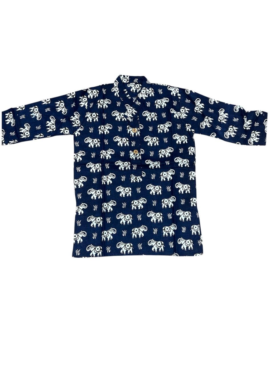 NiAK Boys Traditional Cotton Kurta Pyjama Set, Navy Blue with White Elephant Print, Three-Quarter Sleeves, 2-Piece Ethnic Wear for Kids (1-2 Years) 1
