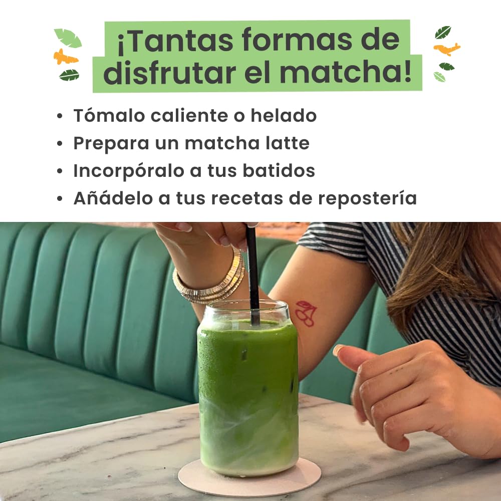 PureChimp Polvo de Matcha Ceremonial Sabor Cúrcuma 50g. 100% Té Verde Puro con Cúrcuma, Canela y Jengibre. Cultivado a la Sombra para Latte y Recetas. Tarro de Vidrio Reciclable. Rico en Antioxidantes