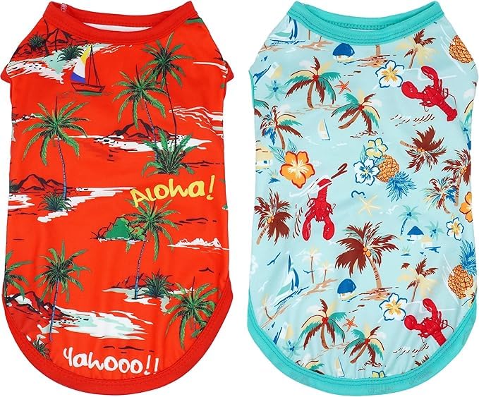 JpGdn 2PCS/Pack Hawaiian Dog Shirts for Extra Small Dog Puppy Doggie Girl Boy Bule Red Sleeveless Tank Top Tee Vest T Shirts Male Female Summer Outfit Coconut Tree XS — image 1