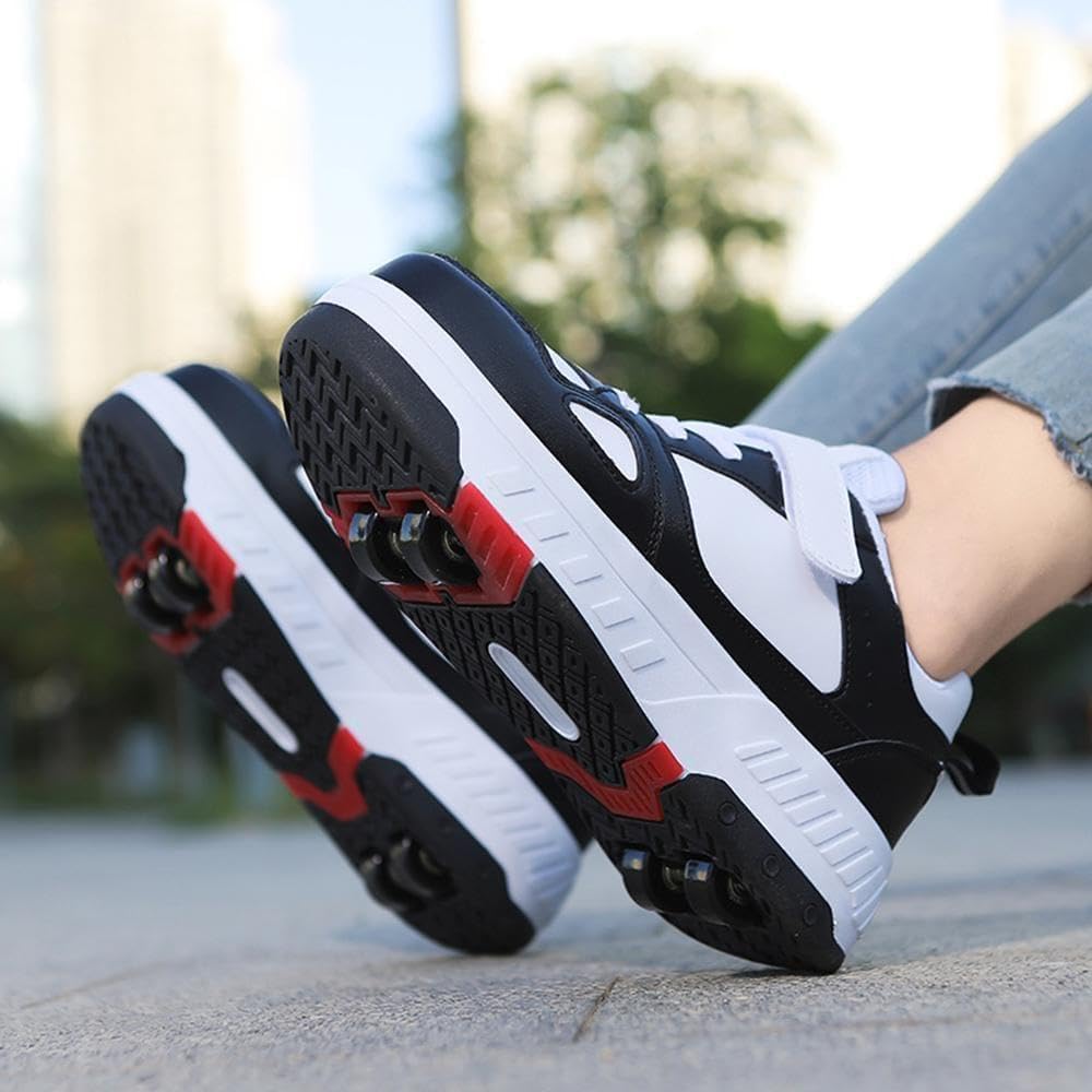 Buty z rolkami, opuszczane, techniczne buty skateboardowe, buty sportowe, dziecięce wrotki, buty sportowe dla chłopców i dziewczynek, 4 wrotki, czarne, rozmiar 32 UE