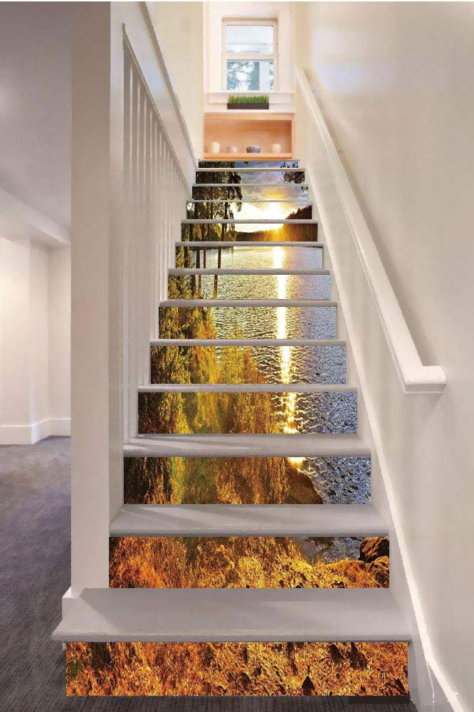 SoSung Landscape 3D Stair Riser Stickers Removable Wall Murals Stickers,Sunset Dawn in The Forest Over Lake of Two Rivers Algonquin Park Ontario Canada,for Home Decor 39.3"x7"x13PCS,Multicolor