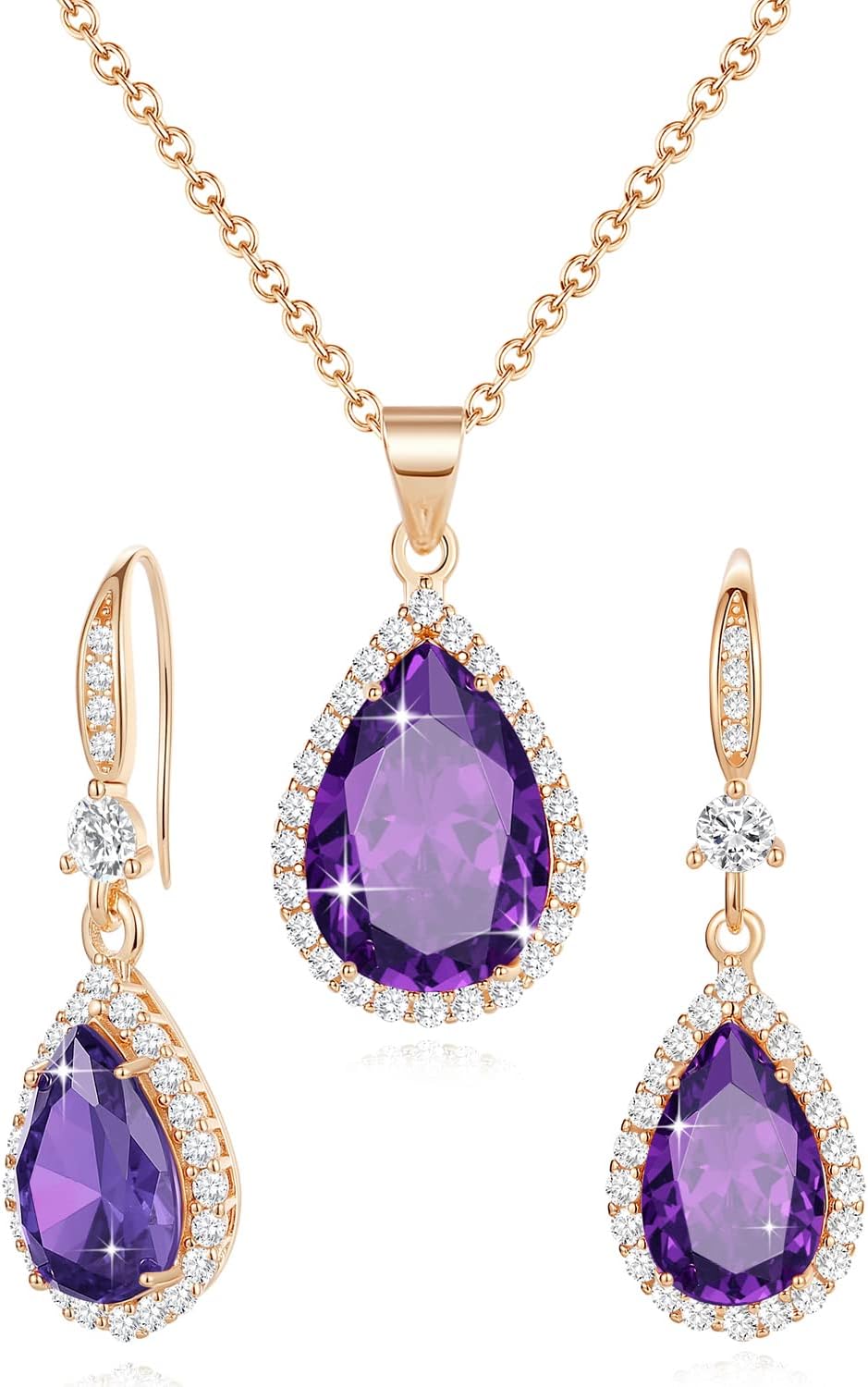 Women Jewelry Set Silver/Gold Plated Teardrop Pendant Necklace Dangle Drop Earrings Dangling Sets Birthstone Crystals Rhinestone,Birthday Anniversary Wedding Mother’s Day Gifts for Women