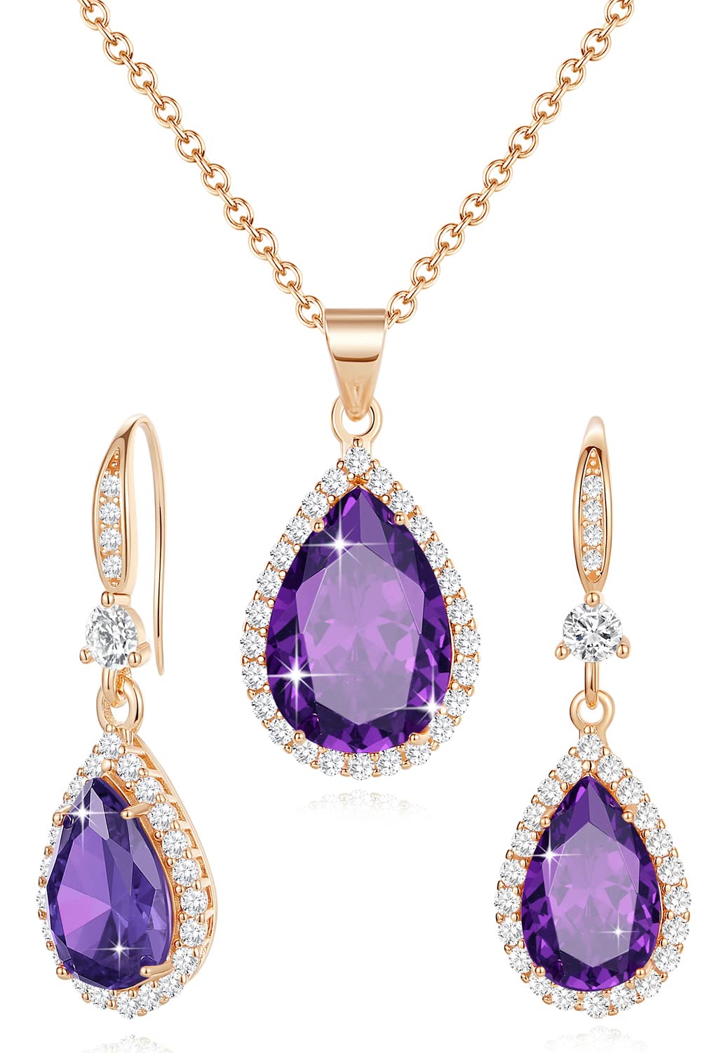 Women Jewelry Set Silver/Gold Plated Teardrop Pendant Necklace Dangle Drop Earrings Dangling Sets Birthstone Crystals Rhinestone,Birthday Anniversary Wedding Mother’s Day Gifts...