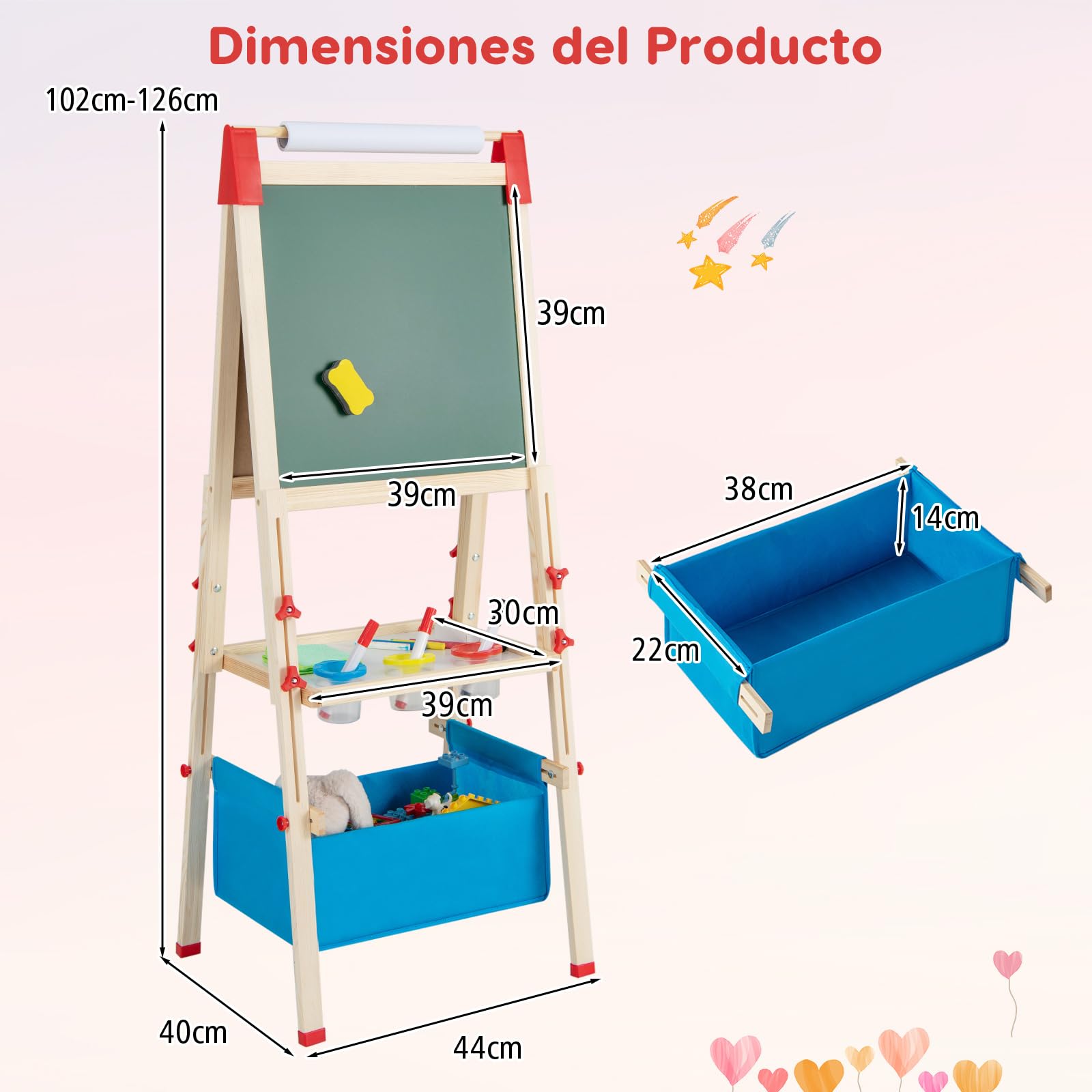 RELAX4LIFE 3 en 1 Caballete Pintura Infantil con Pizarra Magnética, Pizarra Blanca, Rollo de Papel y 56 Accesorios de Pintura, Pizarra Infantil Caballete con Altura Ajustable para Niños 3-8 Años