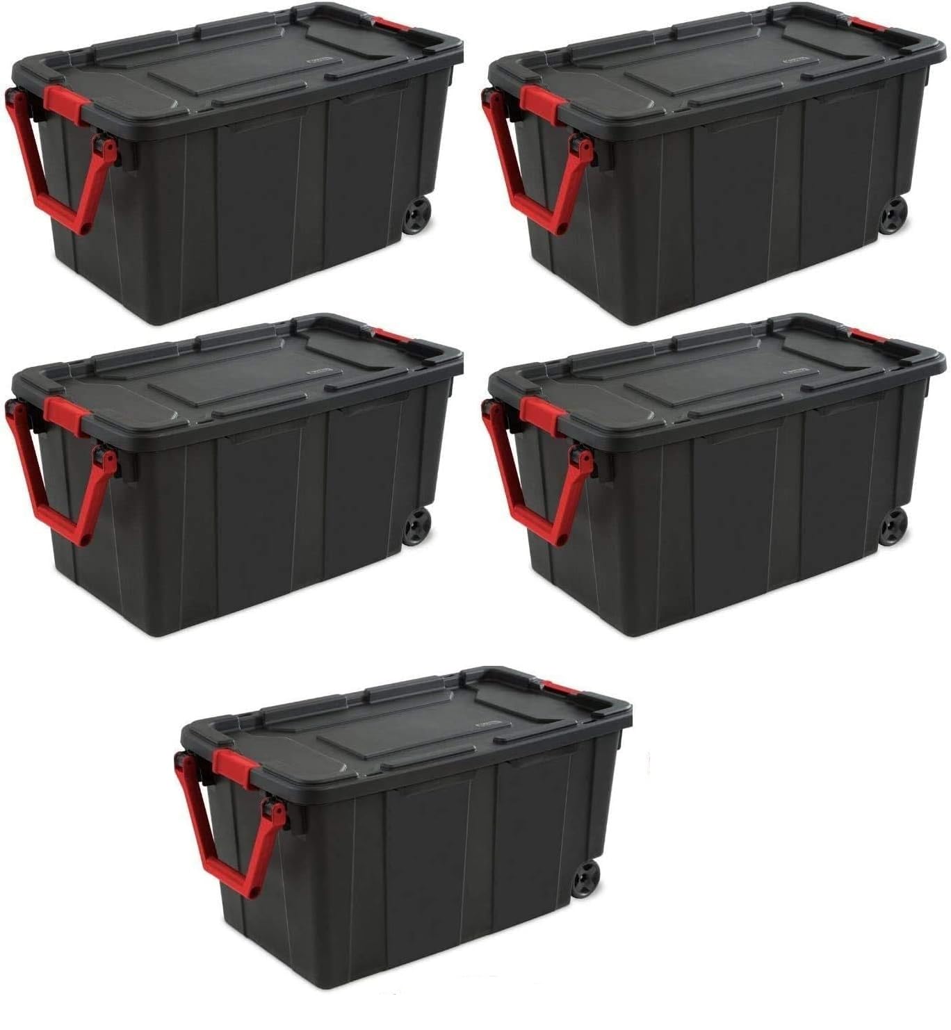 Emny Modern Plastic & Metal 40 Gallon Lidded Home Storage Bins, Stackable Industrial Storage Containers Tote, Organizing Tote Tub Box with Wheeled, Moving Boxes, Set of 2, Black