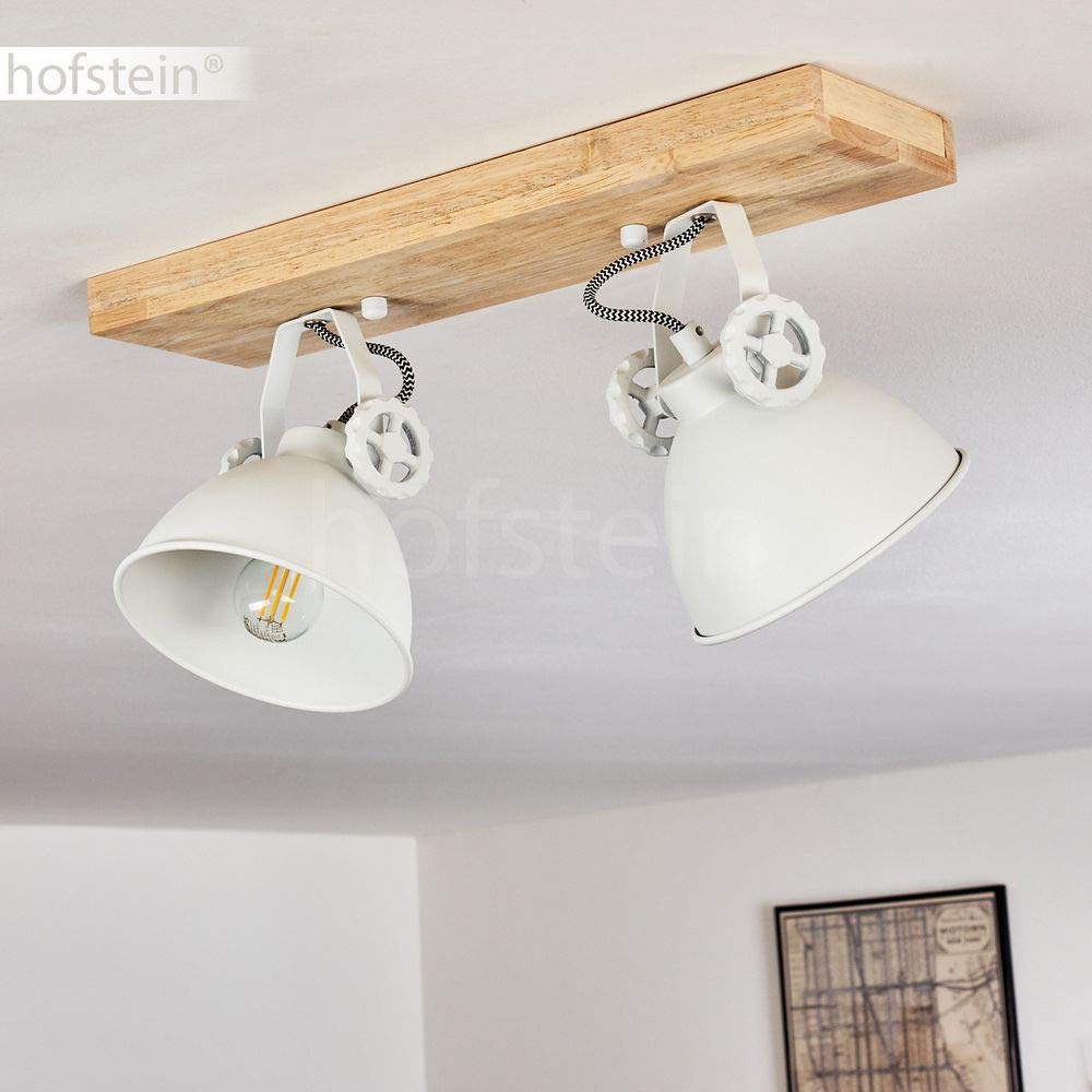 HOFSTEIN Deckenleuchte Svanfolk, verstellbare Deckenlampe aus Metall/Holz in Weiß/Natur, Leuchte im Industrial/Retro/Vintage-Design mit Holzbalken, 2 x E14, Wohnzimmer, Esszimmer, Schlafzimmer, Küche
