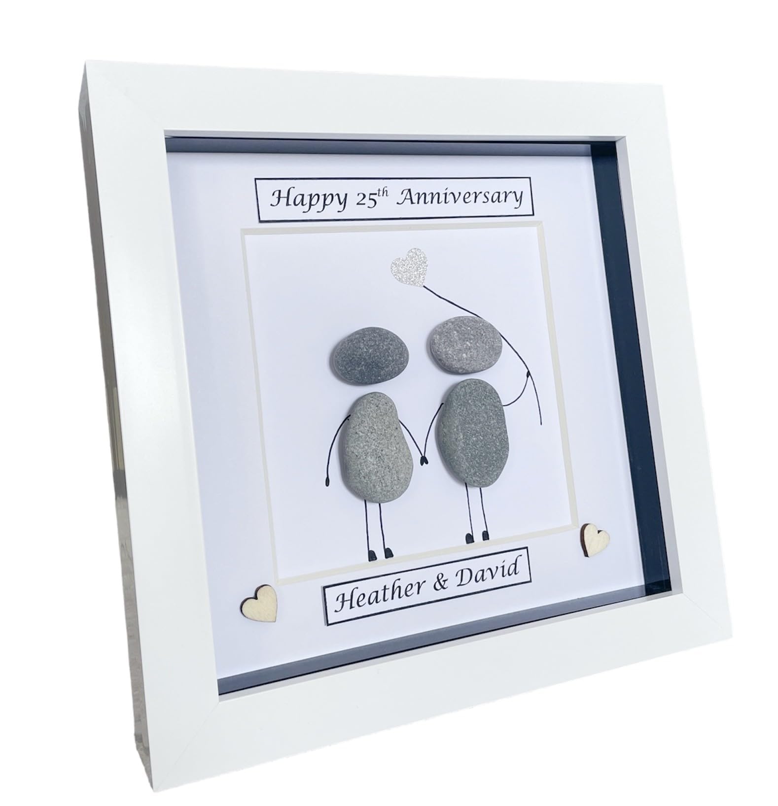 25th Wedding Anniversary Gift Ideas for Husband Wife Couples, Personalised Handmade Pebble Art to Celebrate Silver Wedding, Unique Keepsake Pebble Art Frame for Parents and Friends