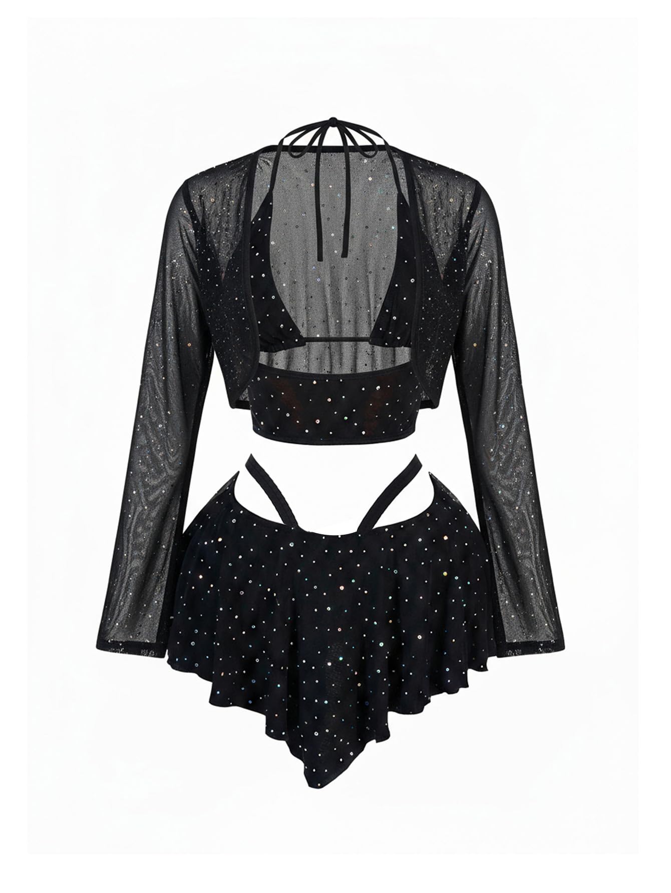 Photo 1 of SweatyRocks Women's Sparkly 3 Piece Outfits Sexy Rhinestone Mesh Crop Top and Ruffled Mini Skirt Going Out Set Black Small