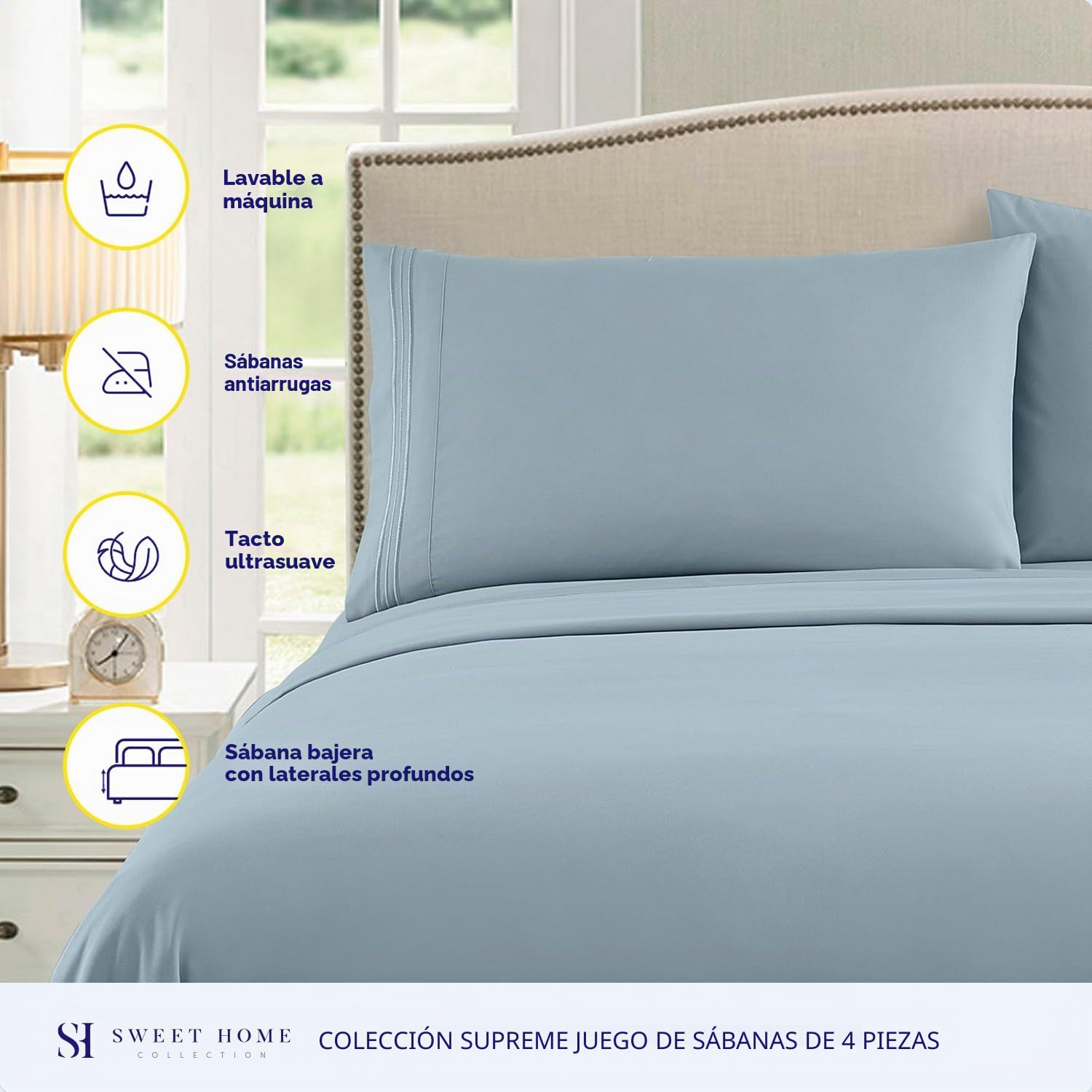 Sweet Home Collection Juego de Ropa de Cama de Lujo con sábana encimera, sábana Bajera, 2 Fundas de Almohada, Microfibra, Azul Niebla, tamaño Queen