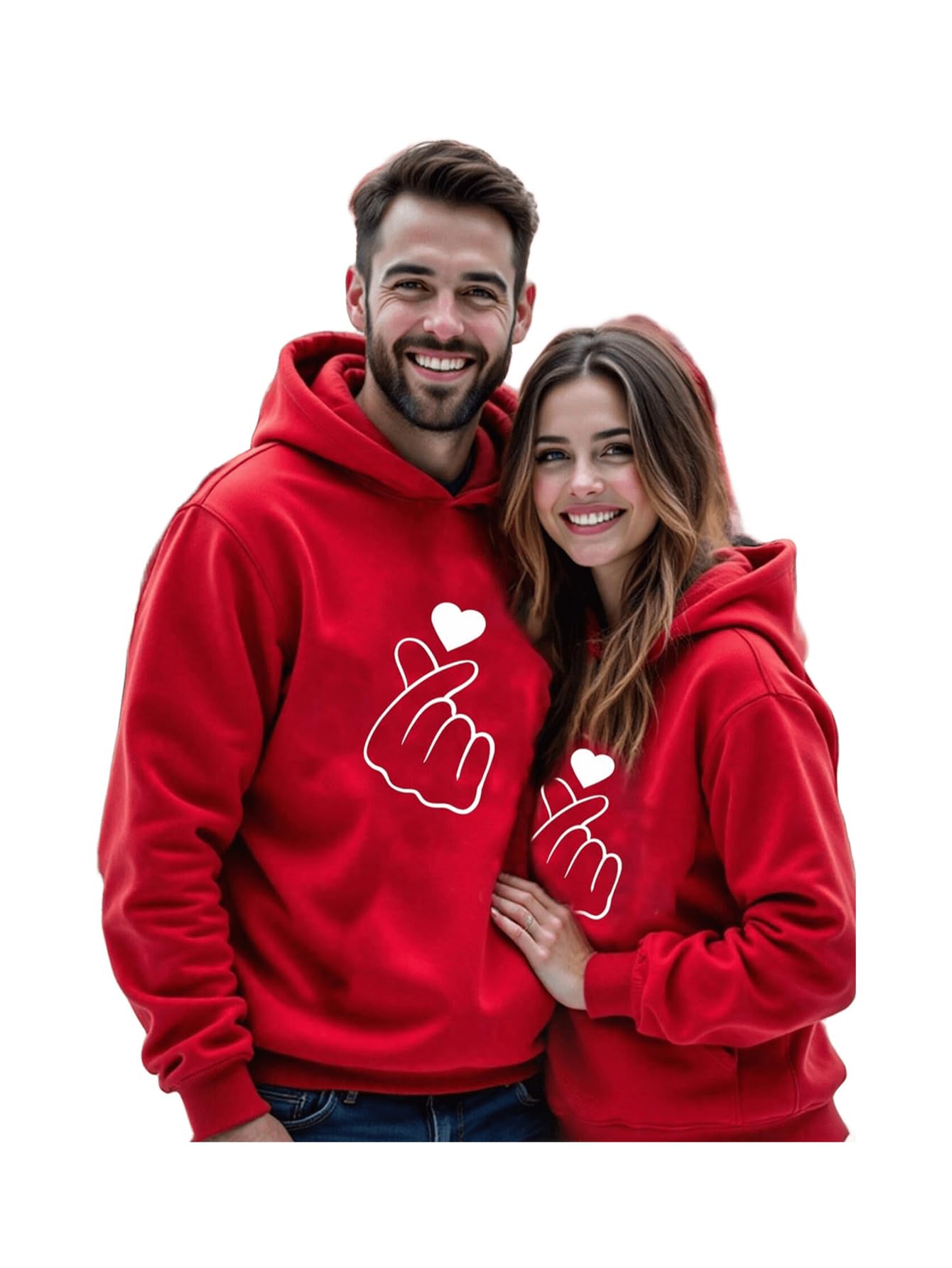 SXV Casual Minimalist Heart Print Couple Red Hoodie, Loose Fit Thick Valentine Day Sweatshirt for Women, Valentine's Day