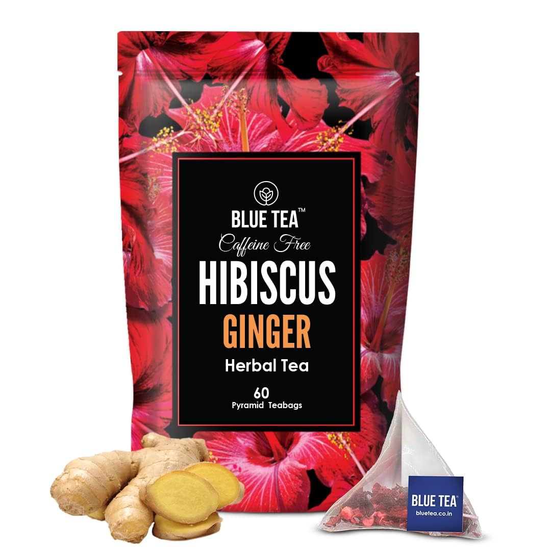 BLUE TEA - Hibiscus Ginger Herbal Tea - 60 Biodegradable Tea Bags | SKIN GLOW ENHANCING TEA | Caffeine-Free | Hibiscus - Ginger | Detox - Soothing | Vegan - Gluten Free | Ziplock Pouch