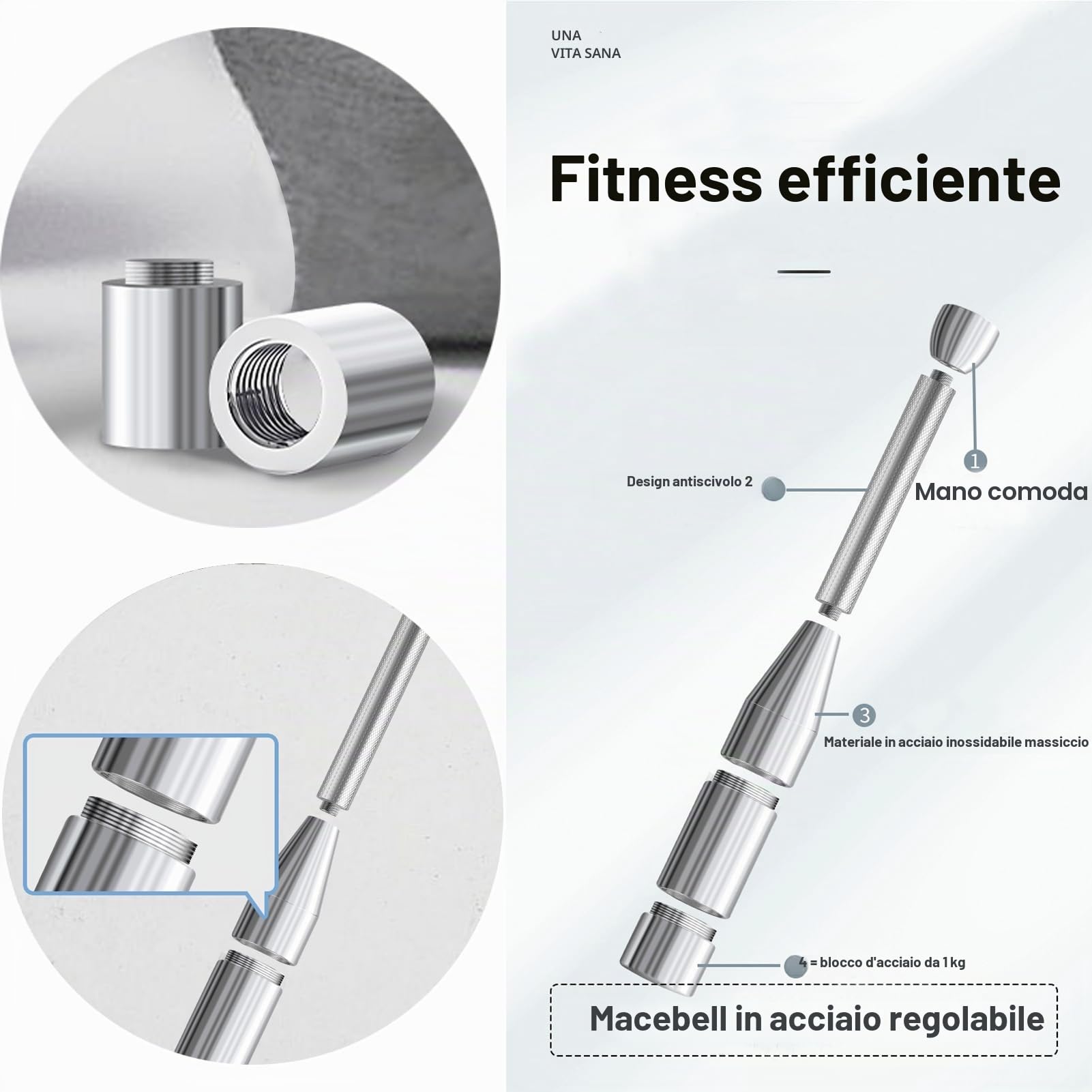 ZhaoCo Mazza regolabile 6 in 1 in acciaio – Indian Clubbell, peso per allenamento con la forza, allenamento delle spalle, rinforzo dell'impugnatura e allenamento completo con funzione di allungamento