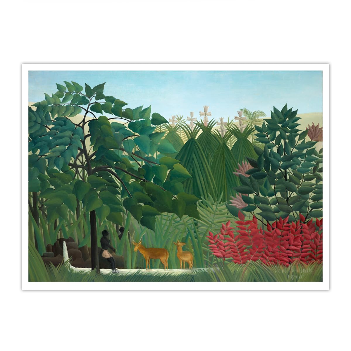 SHENGPOSTER Tropikalny las tropikalny uroczy jeleń płótno sztuka ścienna Henri Rousseau wodospad druk malarstwo Giclee wibrująca botaniczna dekoracja ścienna bezramowy plakat 70x90cm